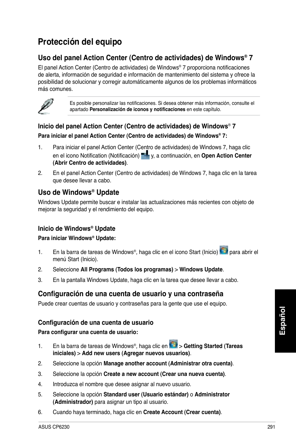 Protección del equipo, Español, Uso de windows | Update | Asus CP6230 User Manual | Page 293 / 466