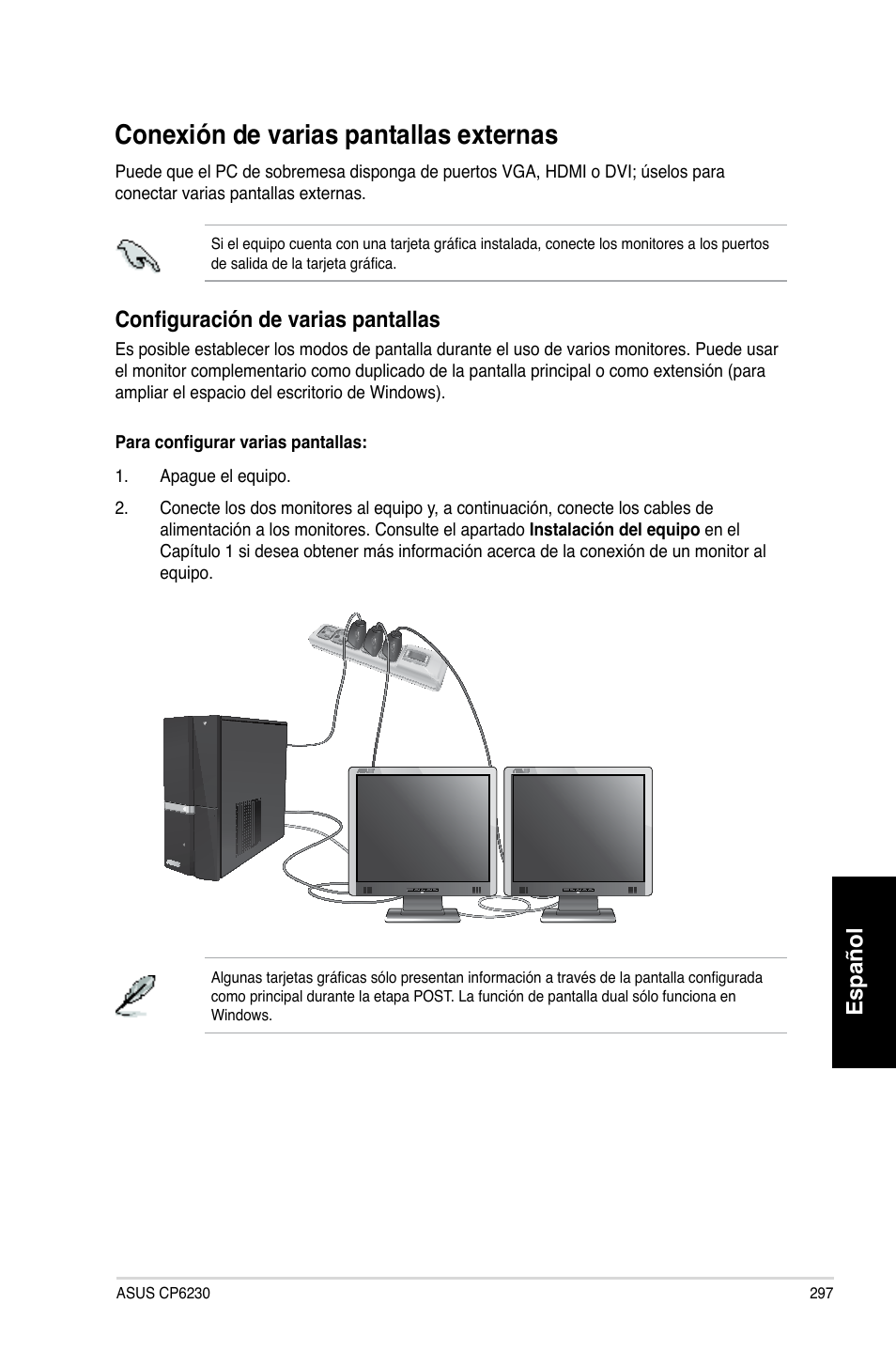 Conexión de varias pantallas externas, Español, C����gu������ ���� �������� �p | Asus CP6230 User Manual | Page 299 / 466