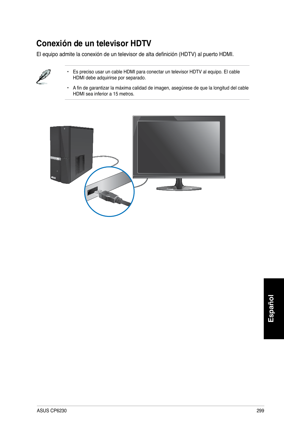 Conexión de un televisor hdtv, Español | Asus CP6230 User Manual | Page 301 / 466