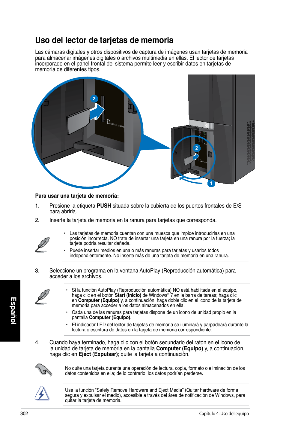 Uso del lector de tarjetas de memoria, Español | Asus CP6230 User Manual | Page 304 / 466