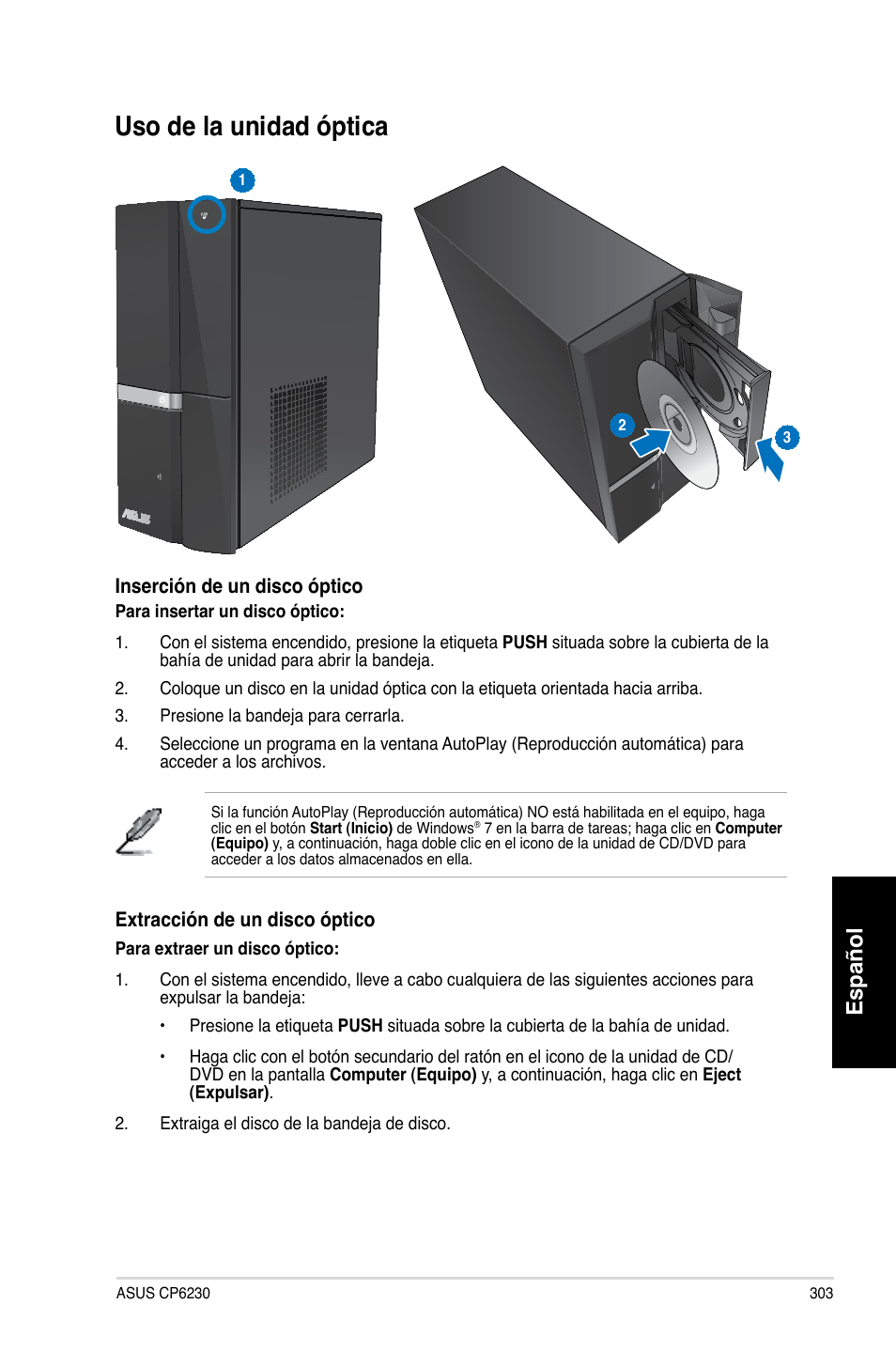 Uso de la unidad óptica, Español | Asus CP6230 User Manual | Page 305 / 466