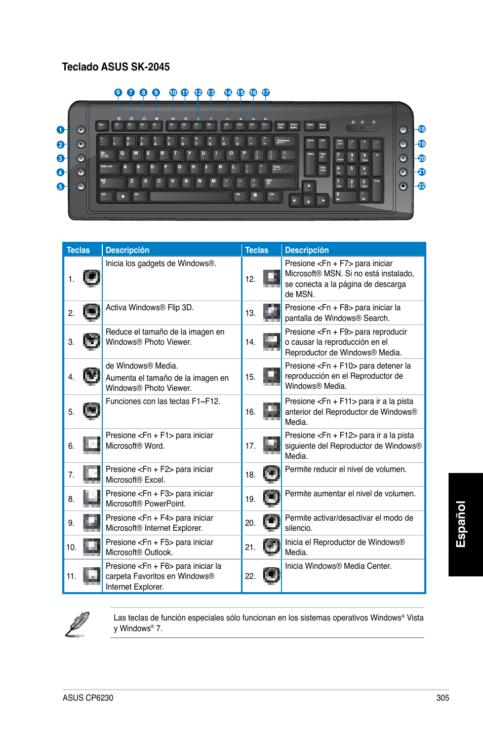 Español, Teclado asus sk-2045 | Asus CP6230 User Manual | Page 307 / 466