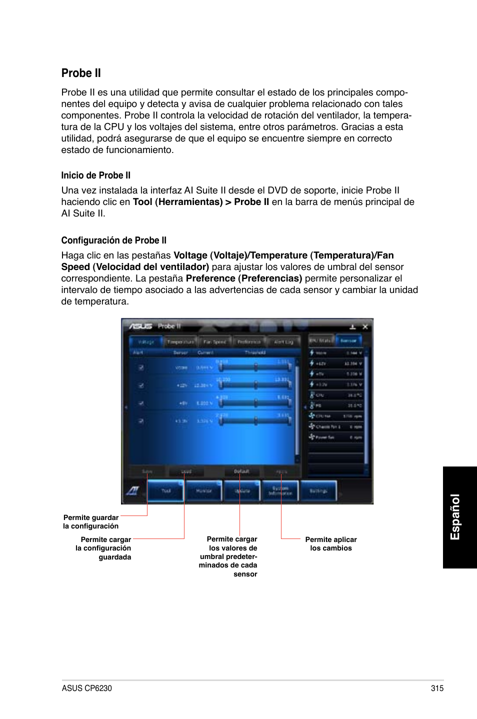 Español, Español probe ii | Asus CP6230 User Manual | Page 317 / 466