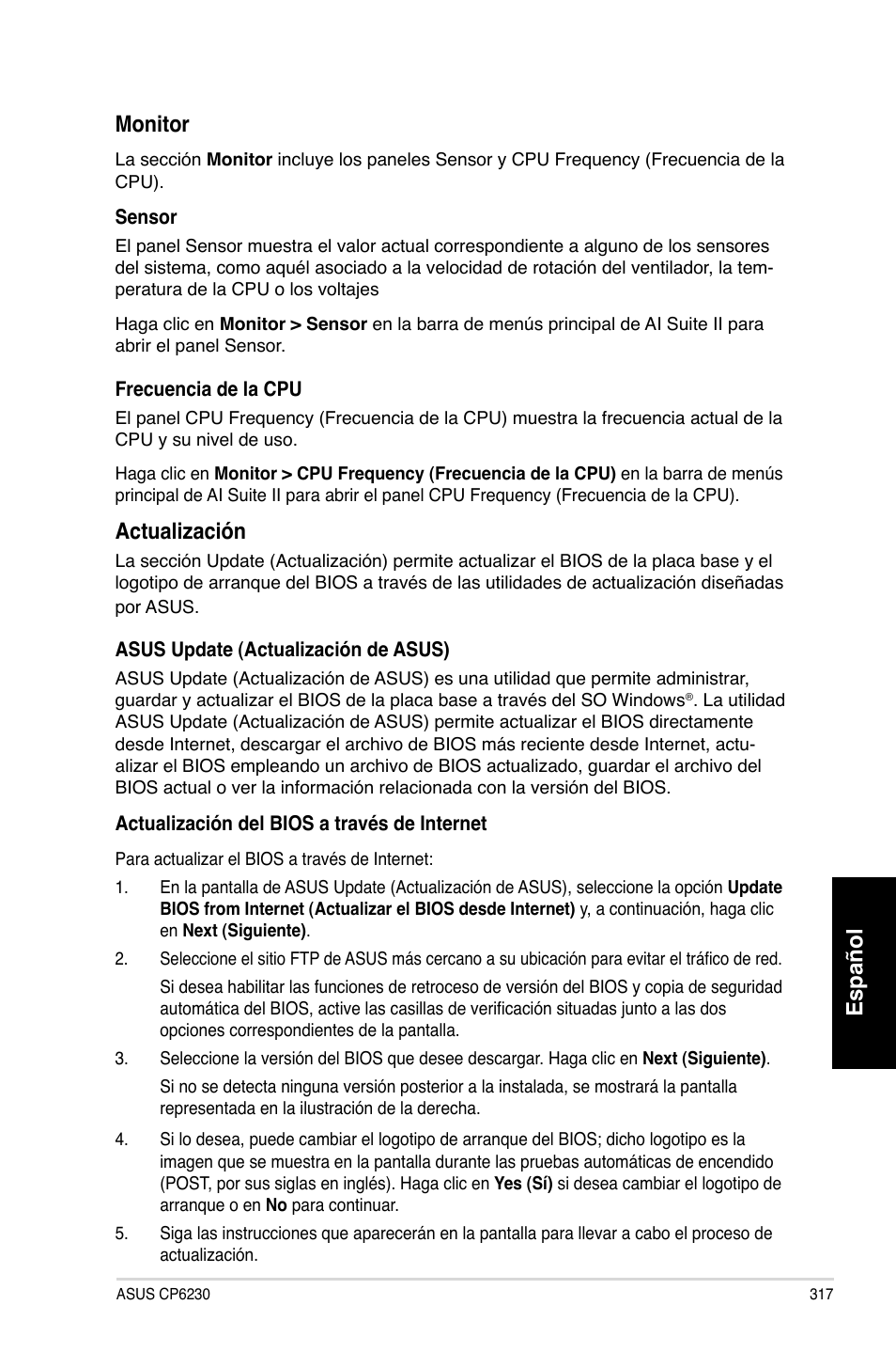 Español, Monitor, Actualización | Asus CP6230 User Manual | Page 319 / 466