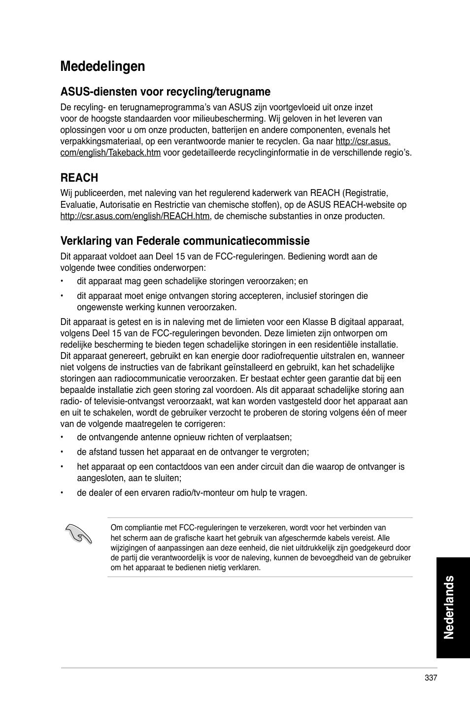 Mededelingen, Nederlands, Asus-diensten voor recycling/terugname | Reach, Ver�laring van federale communicatiecommissie | Asus CP6230 User Manual | Page 339 / 466