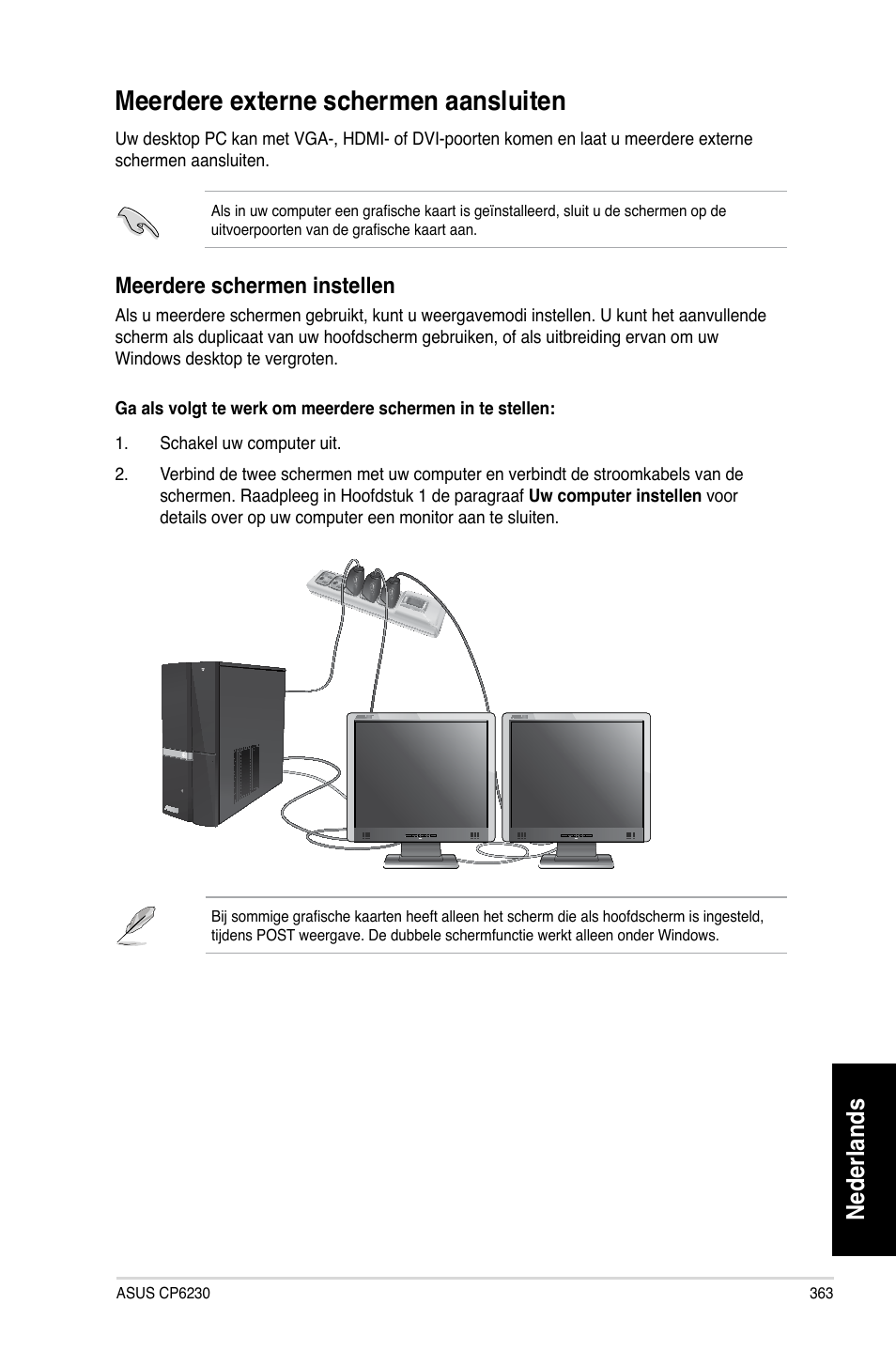 Meerdere externe schermen aansluiten, Nederlands, Meerdere schermen instellen | Asus CP6230 User Manual | Page 365 / 466