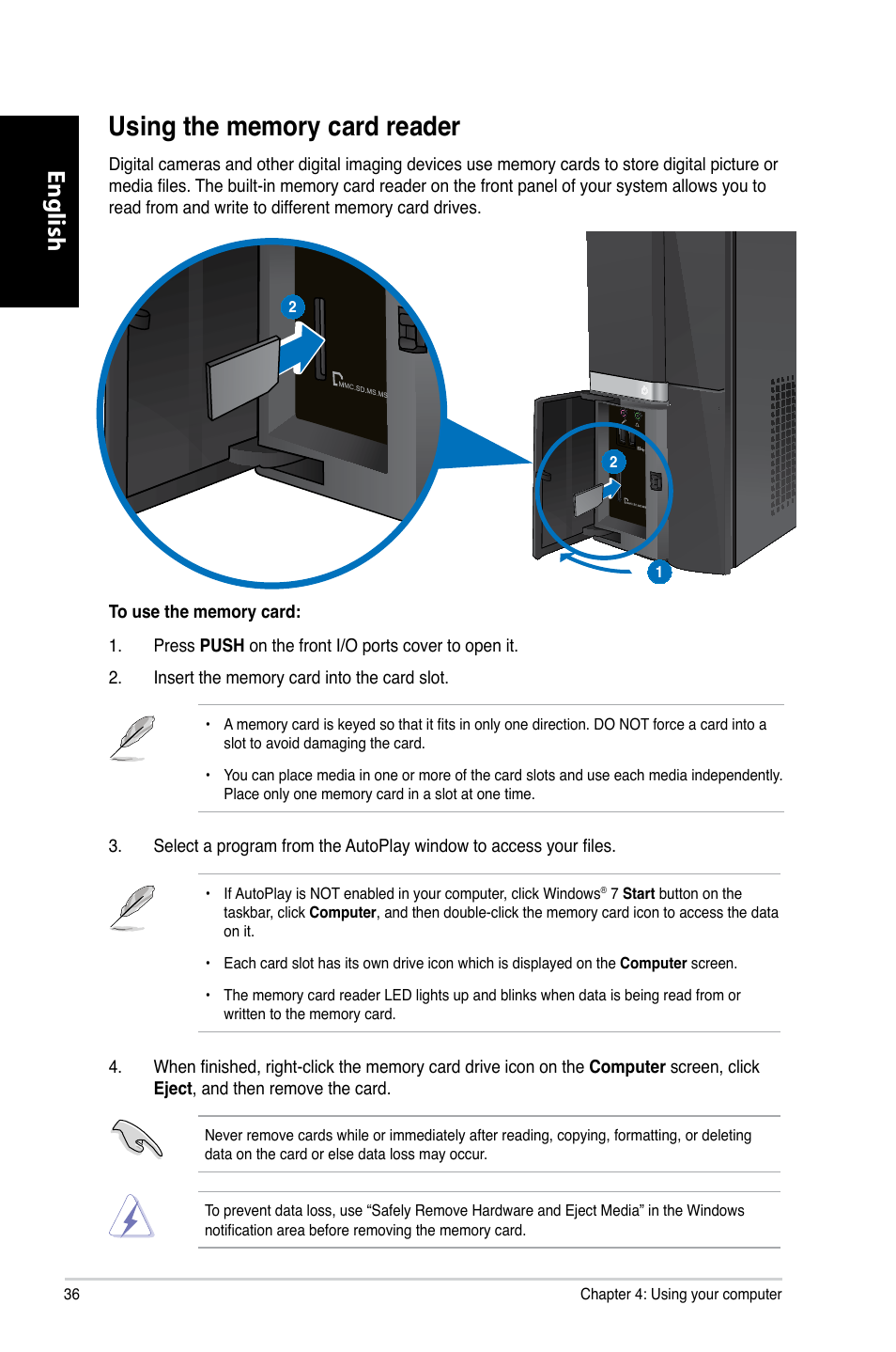 Using the memory card reader, English | Asus CP6230 User Manual | Page 38 / 466