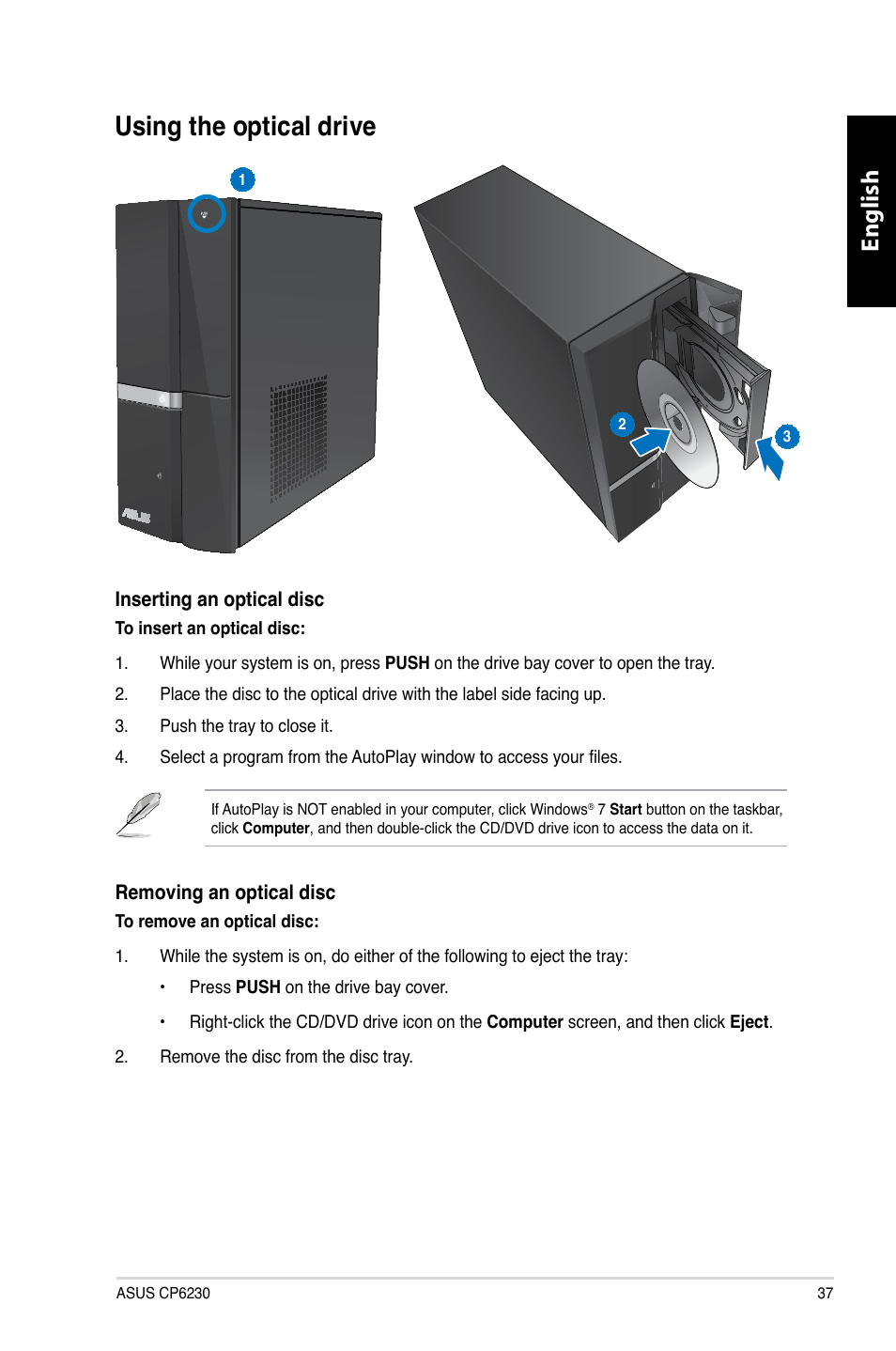 Using the optical drive, Using.the.optical.drive, English | Asus CP6230 User Manual | Page 39 / 466