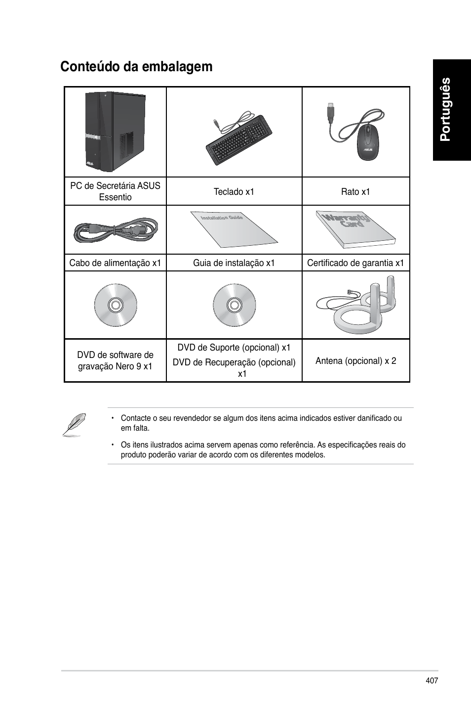 Conteúdo da embalagem, Português | Asus CP6230 User Manual | Page 409 / 466