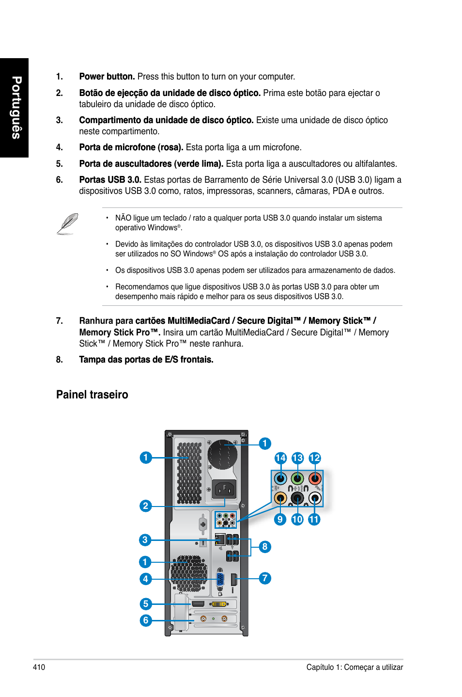 Português, Painel traseiro | Asus CP6230 User Manual | Page 412 / 466