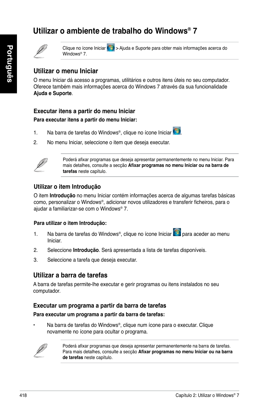 Utilizar o ambiente de trabalho do windows® 7, Utilizar o ambiente de trabalho do windows, Português | Utilizar o menu iniciar, Utilizar a barra de tarefas | Asus CP6230 User Manual | Page 420 / 466