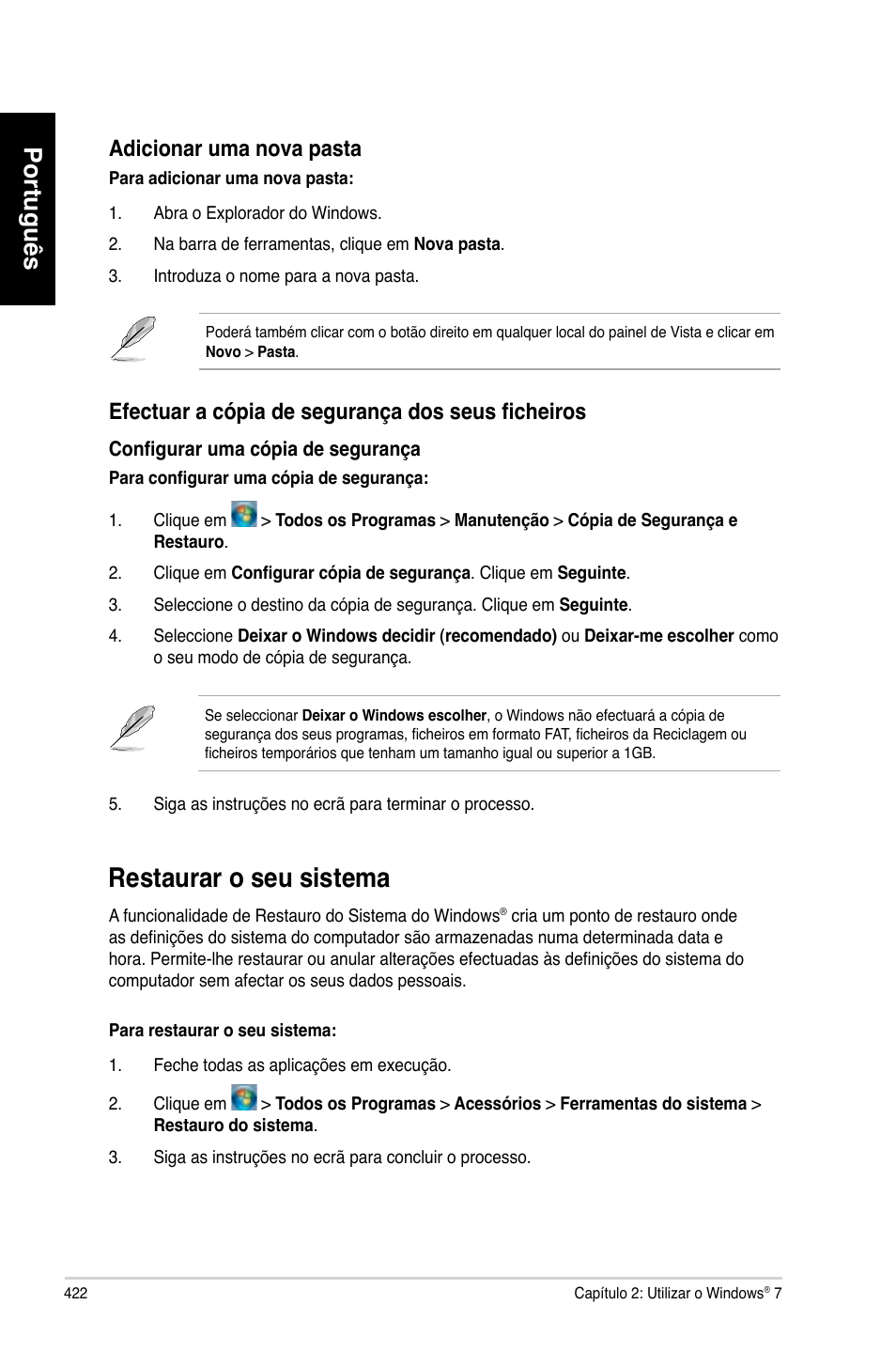 Restaurar o seu sistema, Português, Adicionar uma nova pasta | Asus CP6230 User Manual | Page 424 / 466