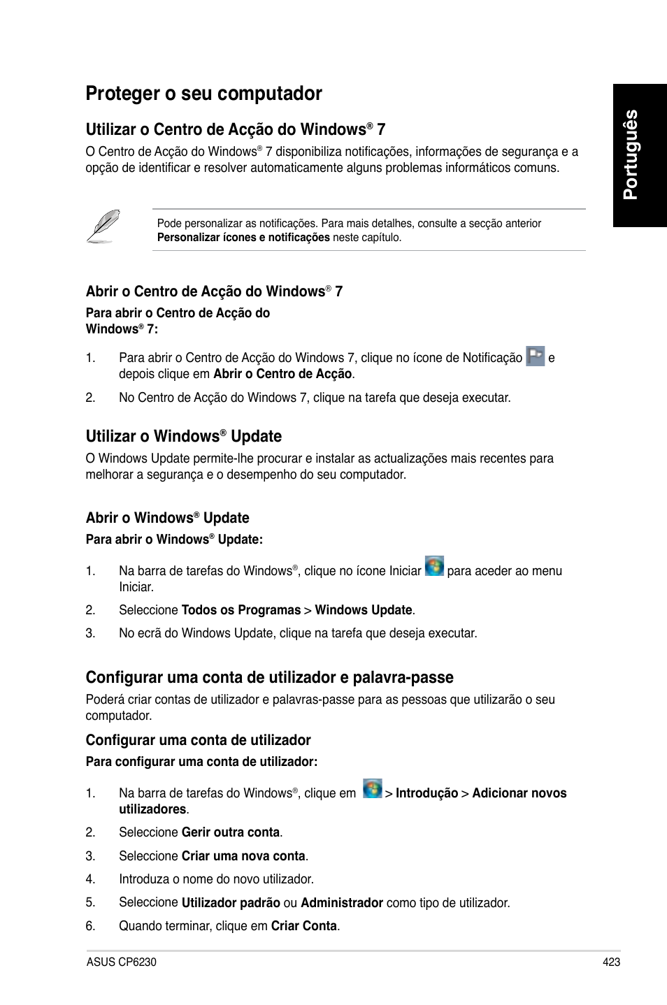 Proteger o seu computador, Português, Utilizar o centro de acção do windows | Utilizar o windows, Update | Asus CP6230 User Manual | Page 425 / 466