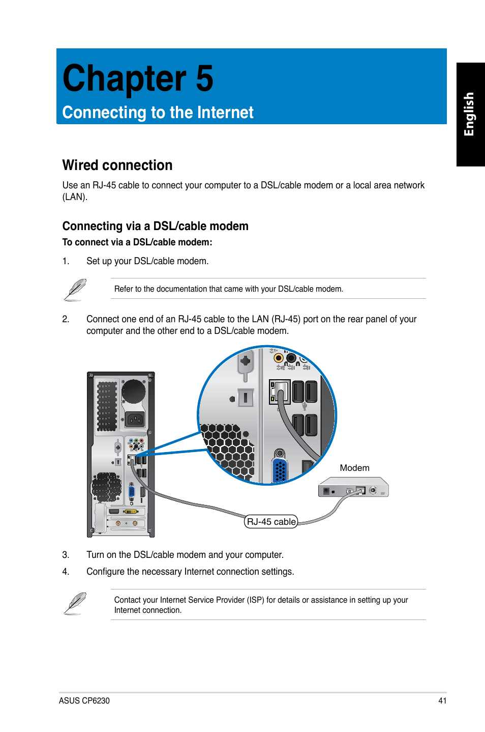 Chapter 5: connecting to the internet, Wired connection, Connecting.to.the.internet | Chapter.5, Wired.connection, English | Asus CP6230 User Manual | Page 43 / 466