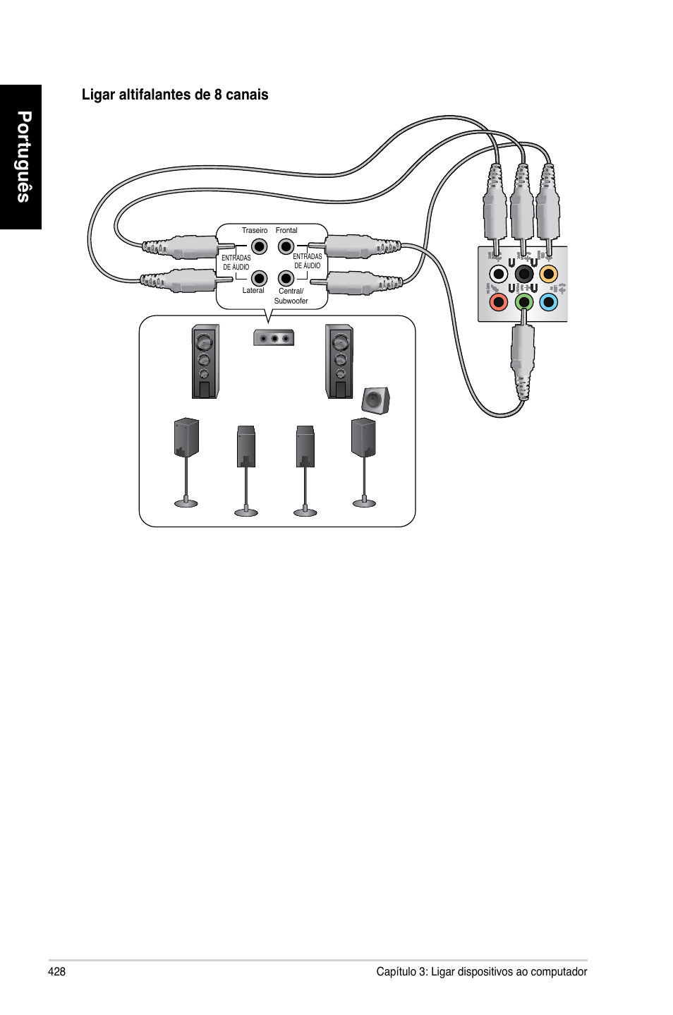 Português, Ligar altifalantes de 8 canais | Asus CP6230 User Manual | Page 430 / 466