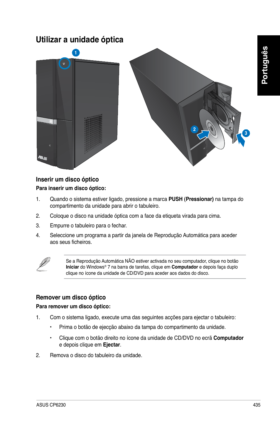 Utilizar a unidade óptica, Português | Asus CP6230 User Manual | Page 437 / 466