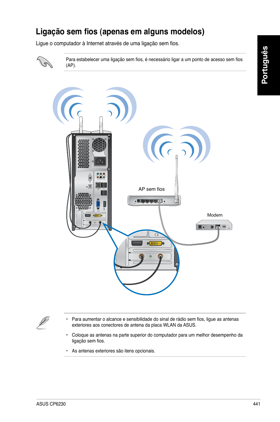 Ligação sem fios (apenas em alguns modelos), Português | Asus CP6230 User Manual | Page 443 / 466