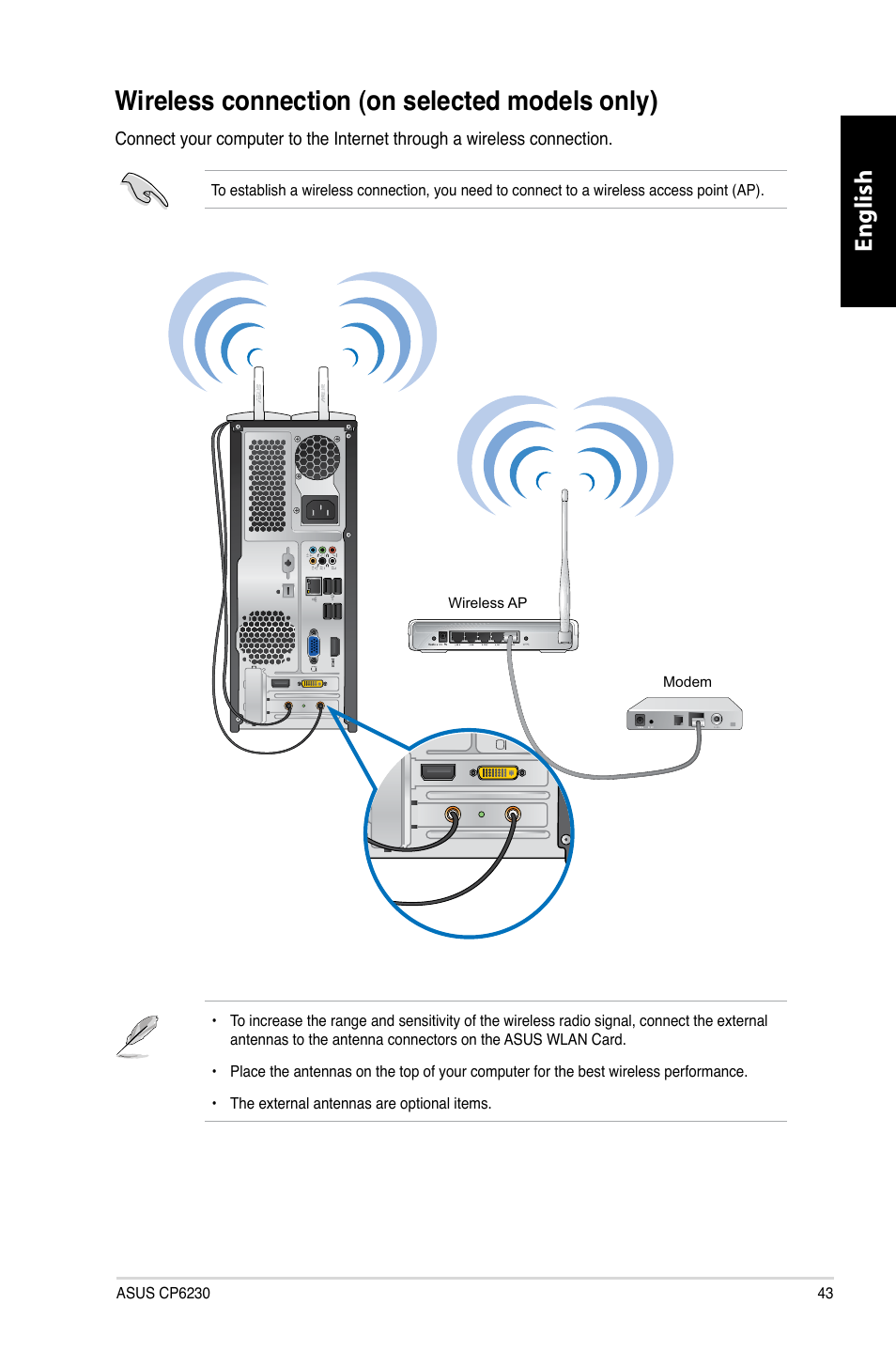 Wireless connection (on selected models only), Wireless.connection.�on.selected.models.only, English | Asus CP6230 User Manual | Page 45 / 466