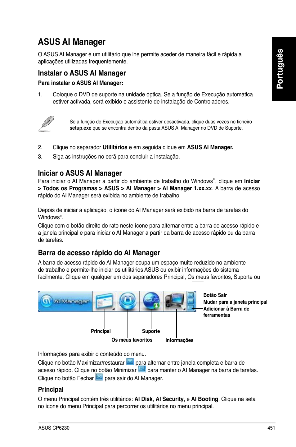 Asus ai manager, Português, Instalar o asus ai manager | Iniciar o asus ai manager, Barra de acesso rápido do ai manager | Asus CP6230 User Manual | Page 453 / 466