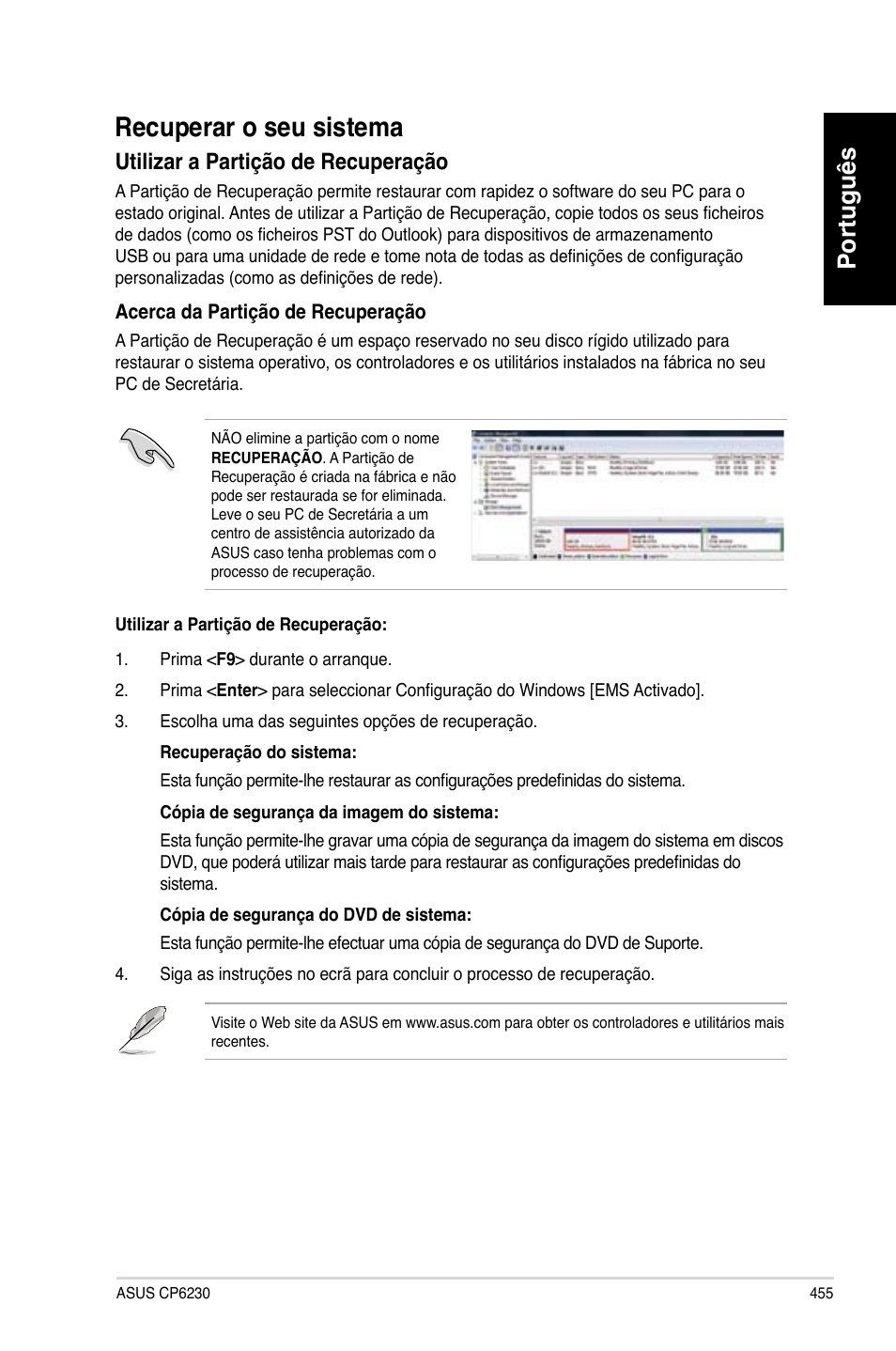 Recuperar o seu sistema, Português, Utilizar a partição de recuperação | Asus CP6230 User Manual | Page 457 / 466