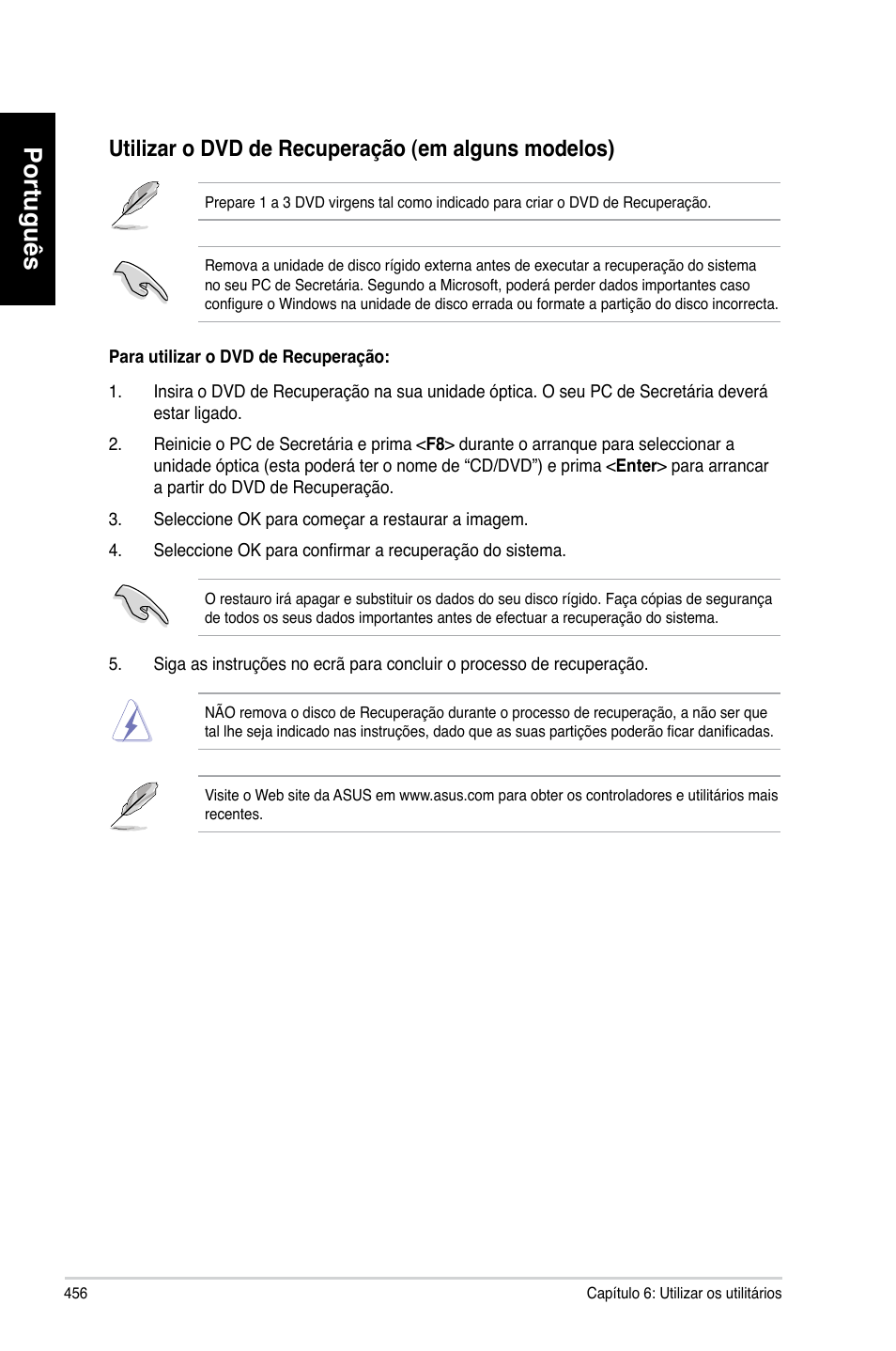 Português, Utilizar o dvd de recuperação �em alguns modelos | Asus CP6230 User Manual | Page 458 / 466