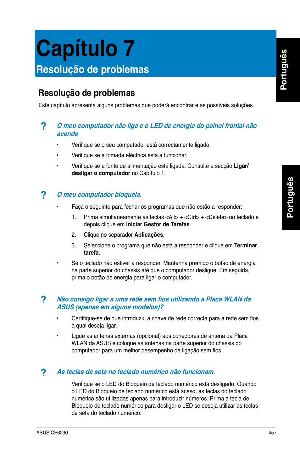 Capítulo 7, Resolução de problemas, Português | Asus CP6230 User Manual | Page 459 / 466