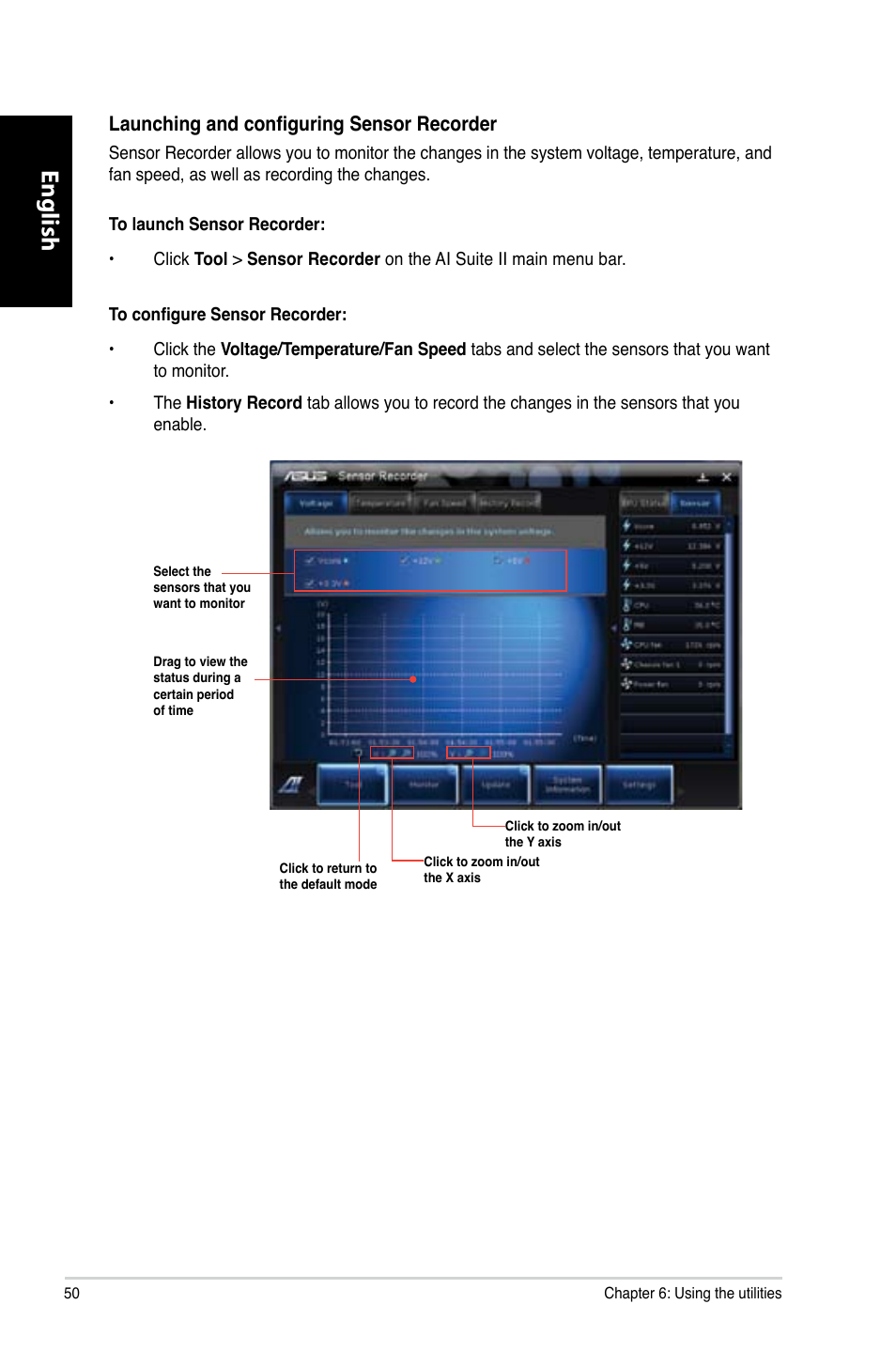 English, Launching and configuring sensor recorder | Asus CP6230 User Manual | Page 52 / 466