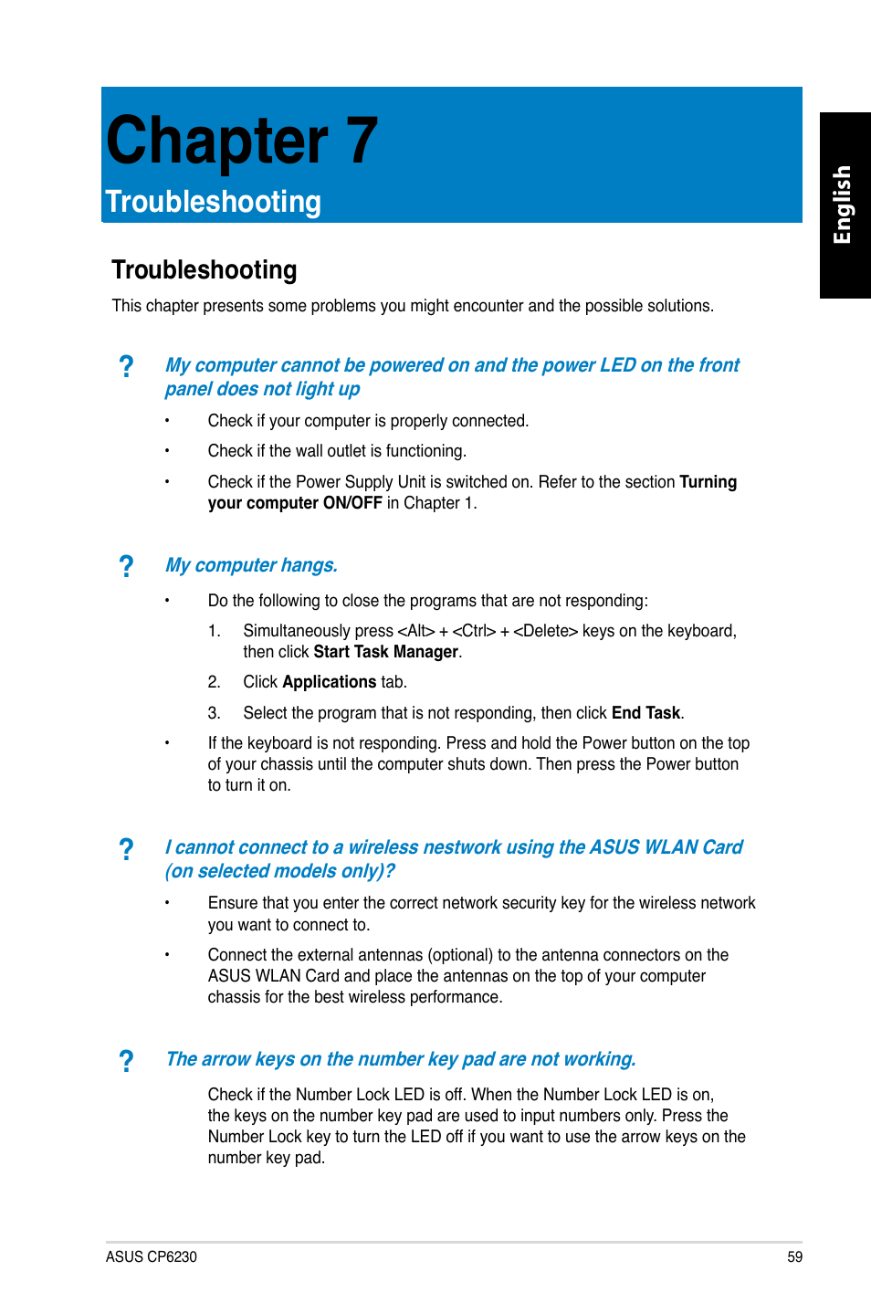 Chapter 7: troubleshooting, Troubleshooting, Chapter.7 | English | Asus CP6230 User Manual | Page 61 / 466