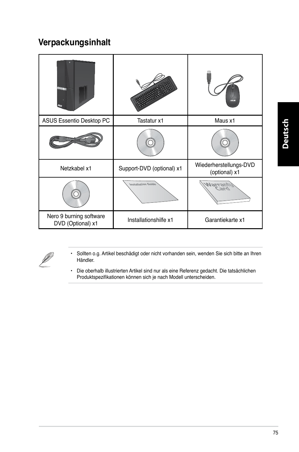 Verpackungsinhalt, Erpackungsinhalt, Deutsch d eutsch d eutsch d eutsch | Asus CP6230 User Manual | Page 77 / 466