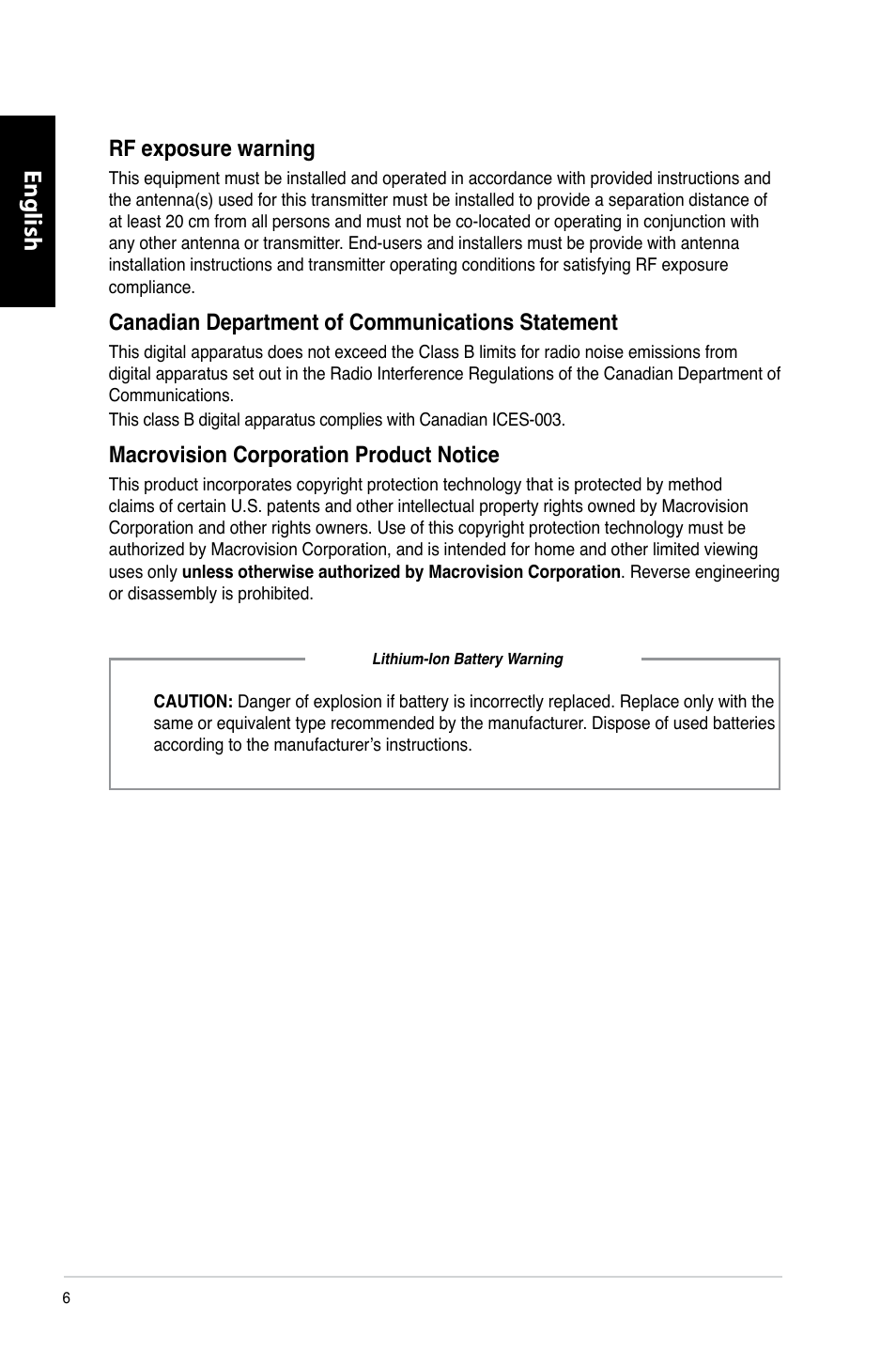 English, Rf.exposure.warning, Macrovision.corporation.product.notice | Asus CP6230 User Manual | Page 8 / 466