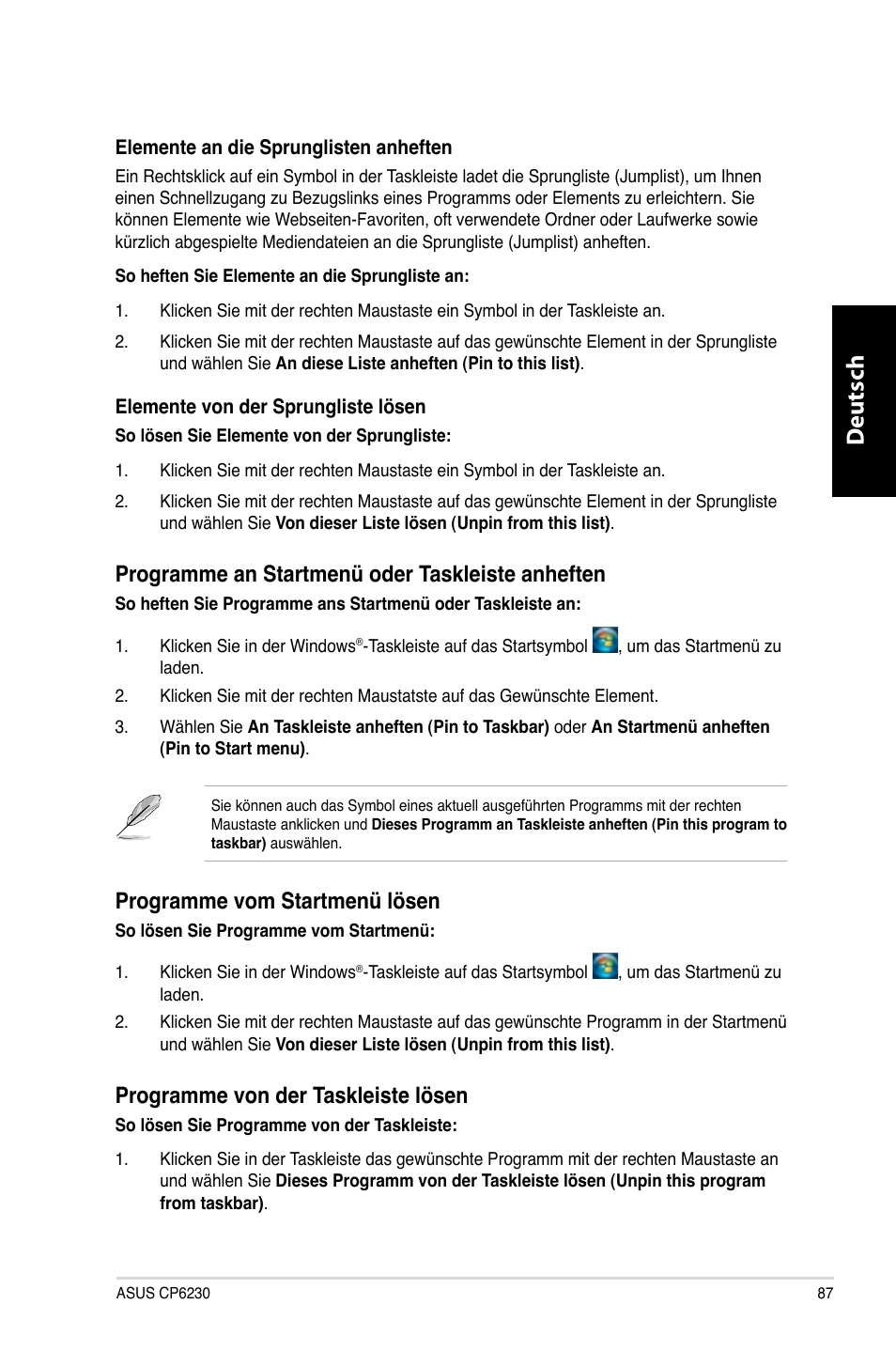 Deutsch d eutsch, Programme.an.startmenü.oder.taskleiste.anheften, Programme.vom.startmenü.lösen | Programme.von.der.taskleiste.lösen | Asus CP6230 User Manual | Page 89 / 466