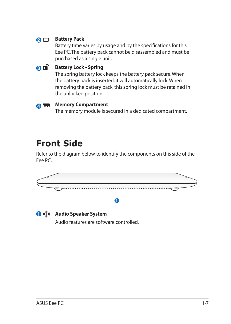 Front side, Front side -7 | Asus Eee PC 1201K User Manual | Page 15 / 56
