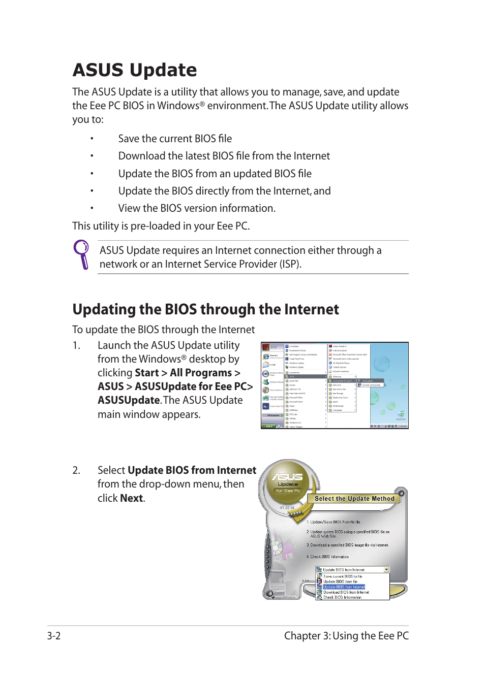 Asus update, Updating the bios through the internet, Asus update -2 | Updating the bios through the internet -2 | Asus Eee PC 1201K User Manual | Page 34 / 56