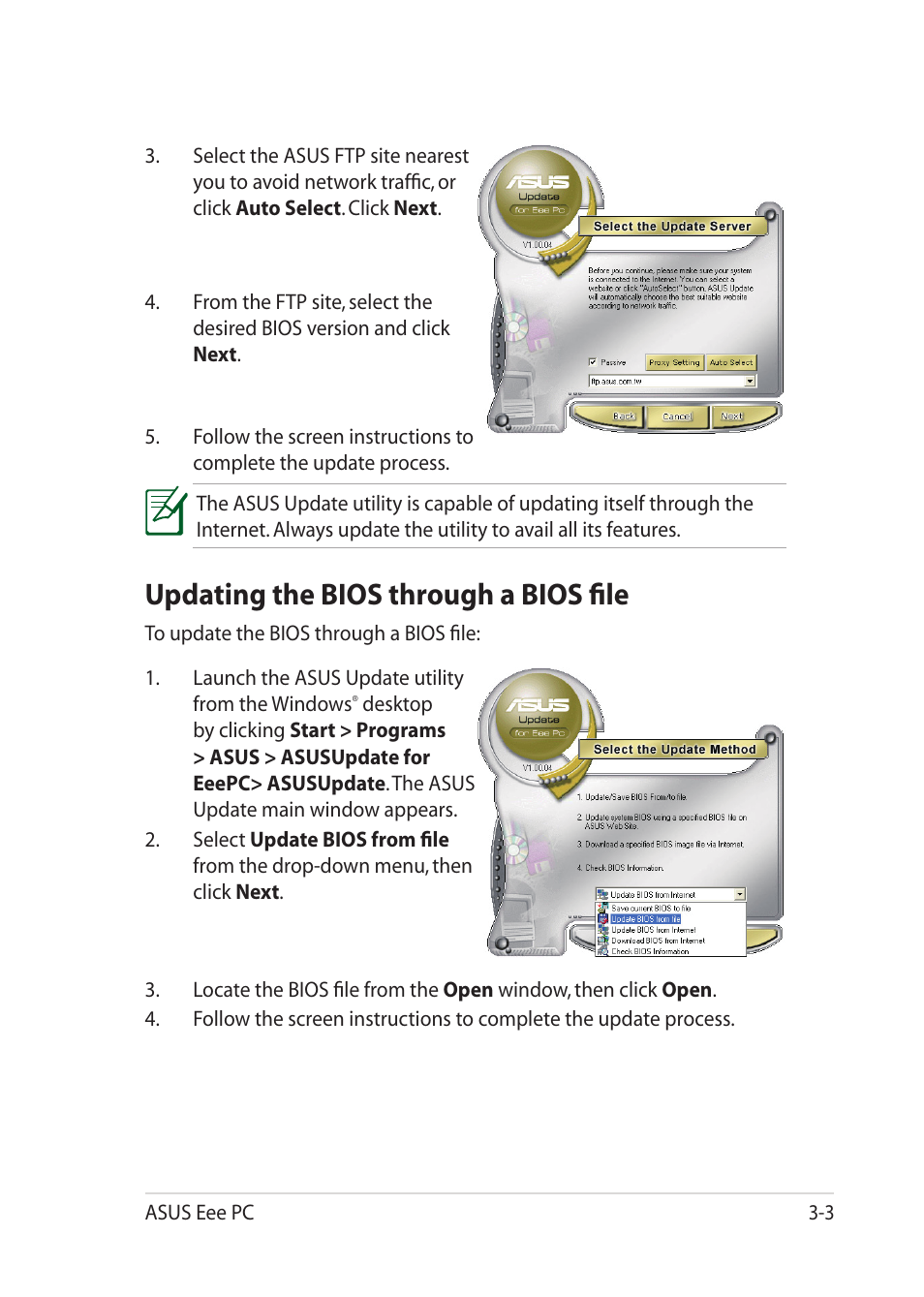 Updating the bios through a bios file, Updating the bios through a bios file -3 | Asus Eee PC 1201K User Manual | Page 35 / 56