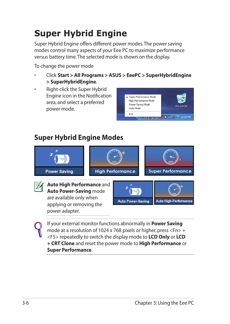 Super hybrid engine, Super hybrid engine modes, Super hybrid engine -6 | Super hybrid engine modes -6 | Asus Eee PC 1201K User Manual | Page 38 / 56