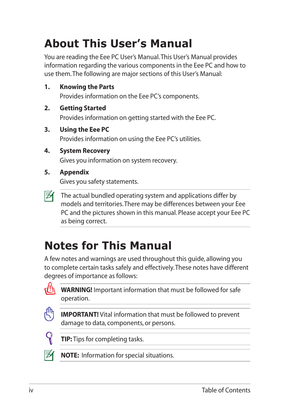 About this user’s manual, Notes for this manual | Asus Eee PC 1201K User Manual | Page 4 / 56