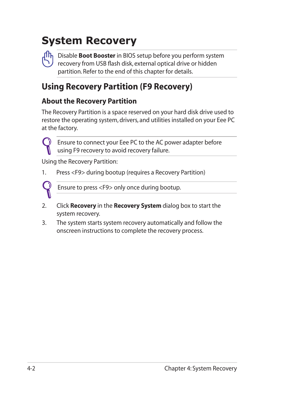 System recovery, Using recovery partition (f9 recovery), System recovery -2 | Using recovery partition (f9 recovery) -2 | Asus Eee PC 1201K User Manual | Page 42 / 56