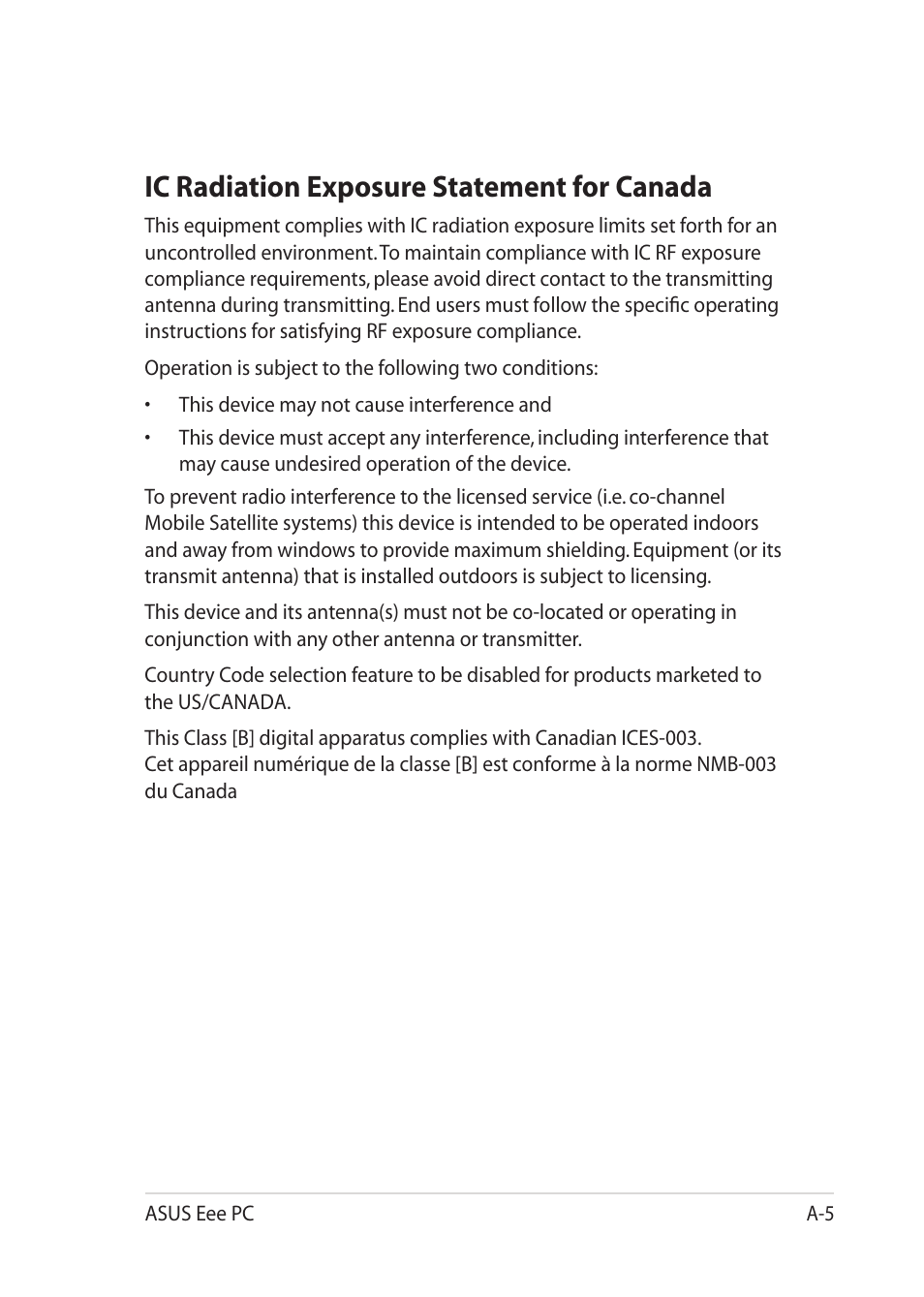Ic radiation exposure statement for canada | Asus Eee PC 1201K User Manual | Page 49 / 56