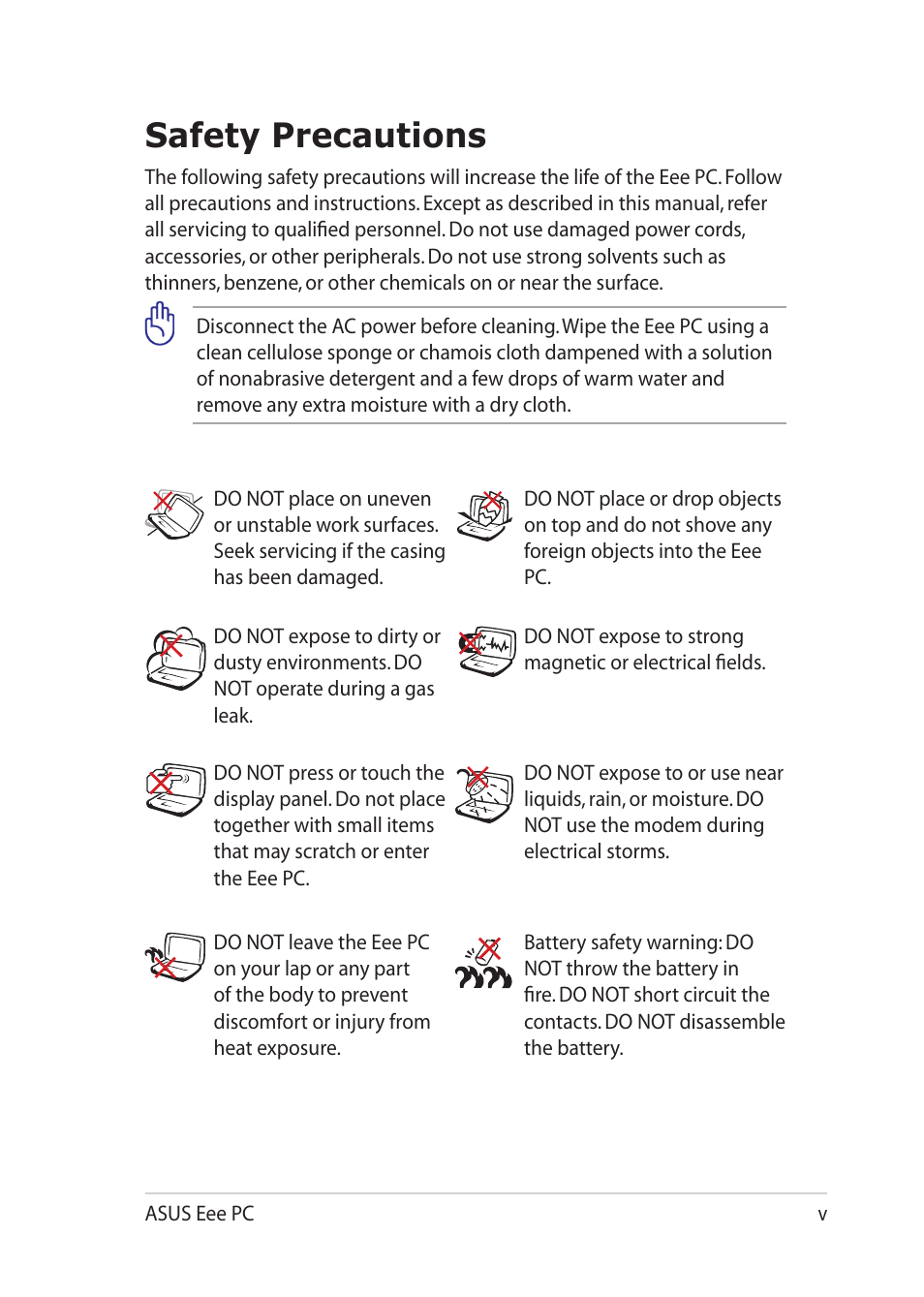 Safety precautions | Asus Eee PC 1201K User Manual | Page 5 / 56