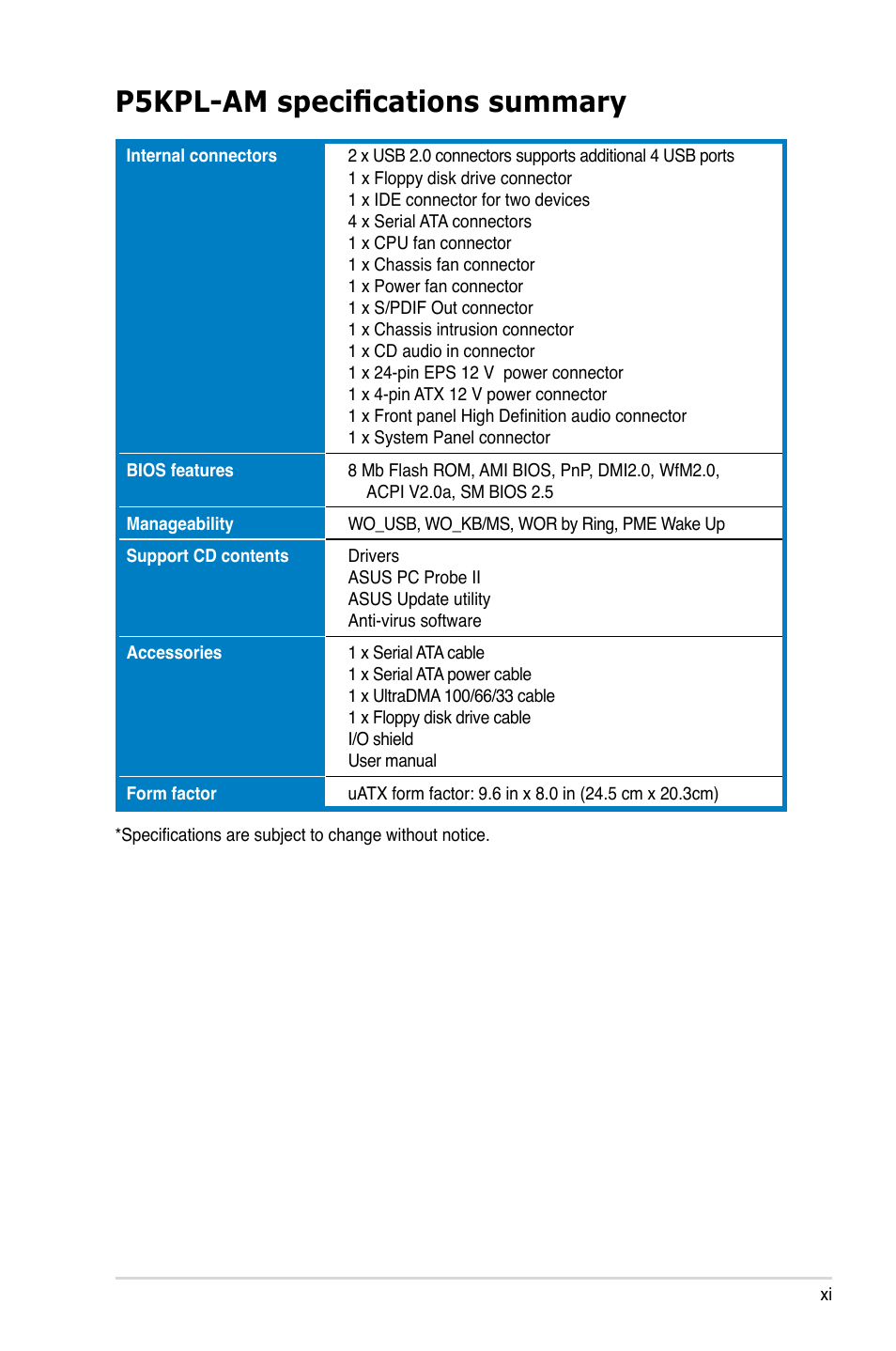 P5kpl-am specifications summary | Asus P5KPL-AM/PS User Manual | Page 11 / 92