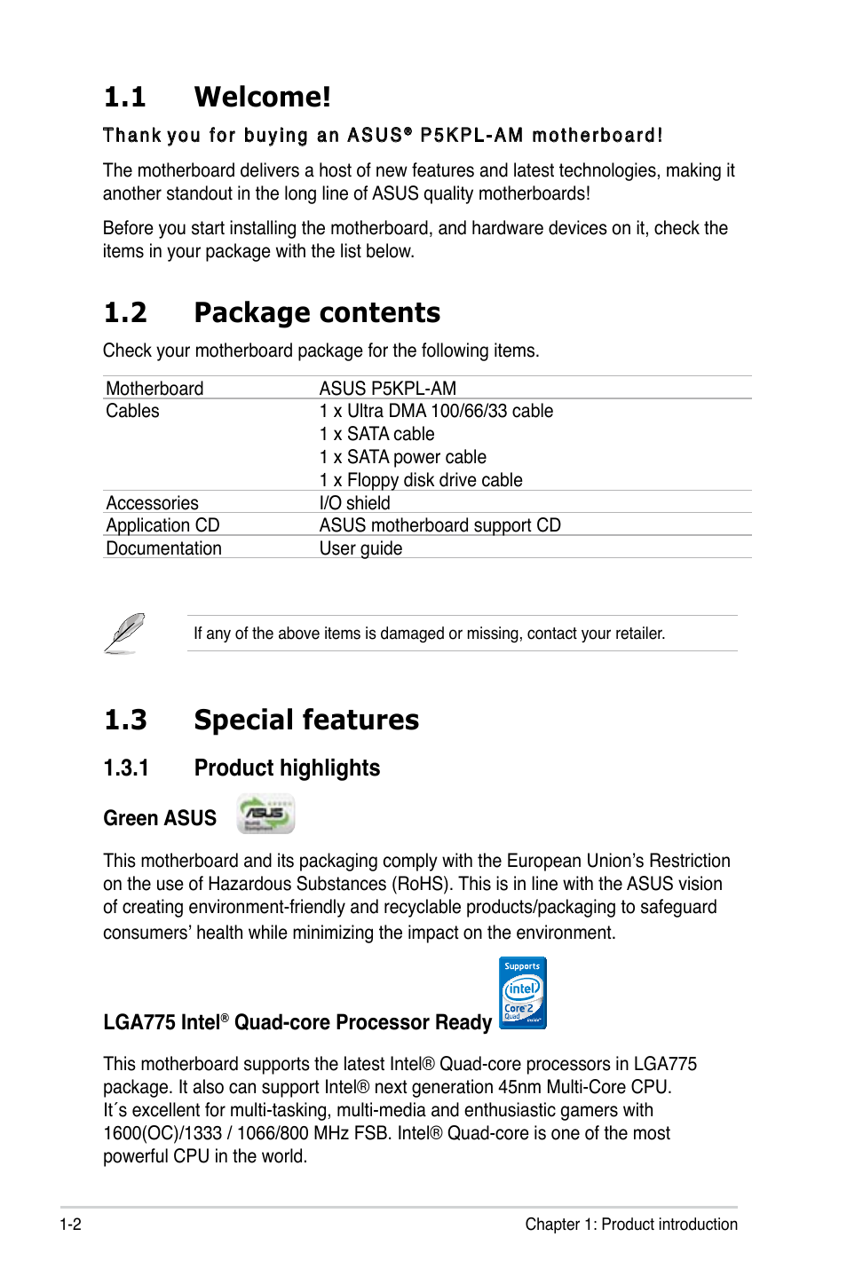 1 welcome, 2 package contents, 3 special features | 1 product highlights | Asus P5KPL-AM/PS User Manual | Page 14 / 92