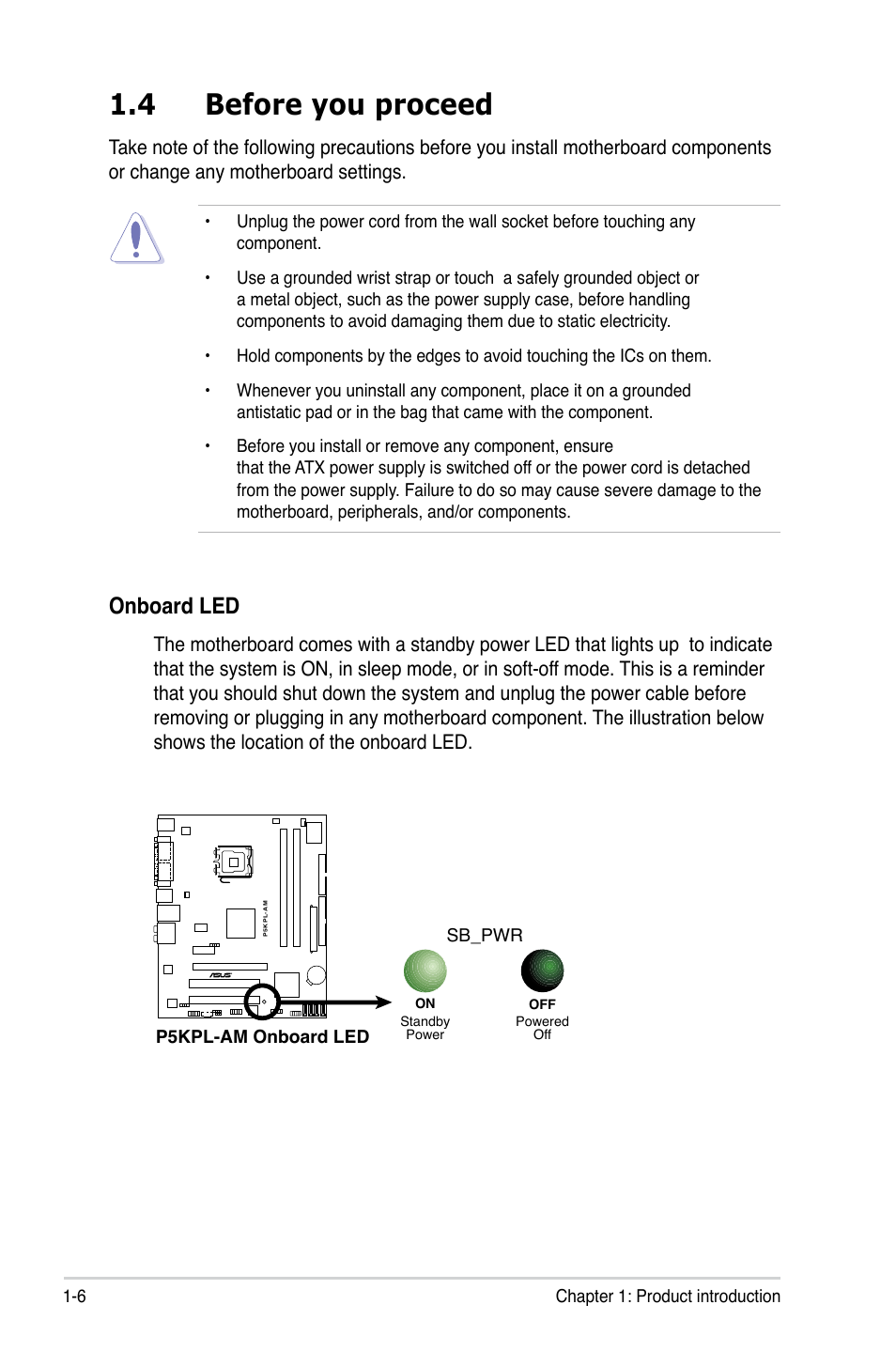 4 before you proceed, Onboard led | Asus P5KPL-AM/PS User Manual | Page 18 / 92