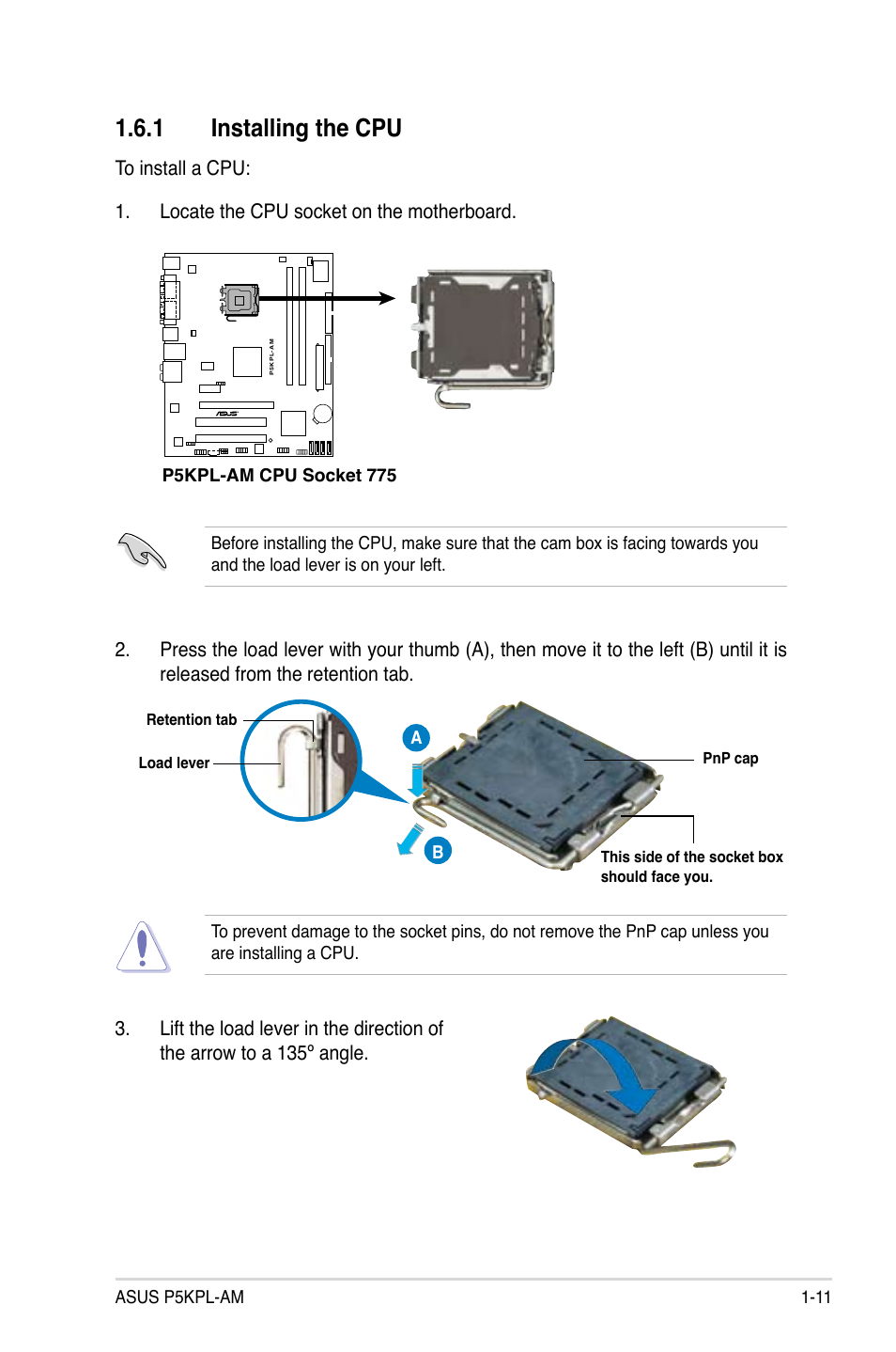 1 installing the cpu | Asus P5KPL-AM/PS User Manual | Page 23 / 92