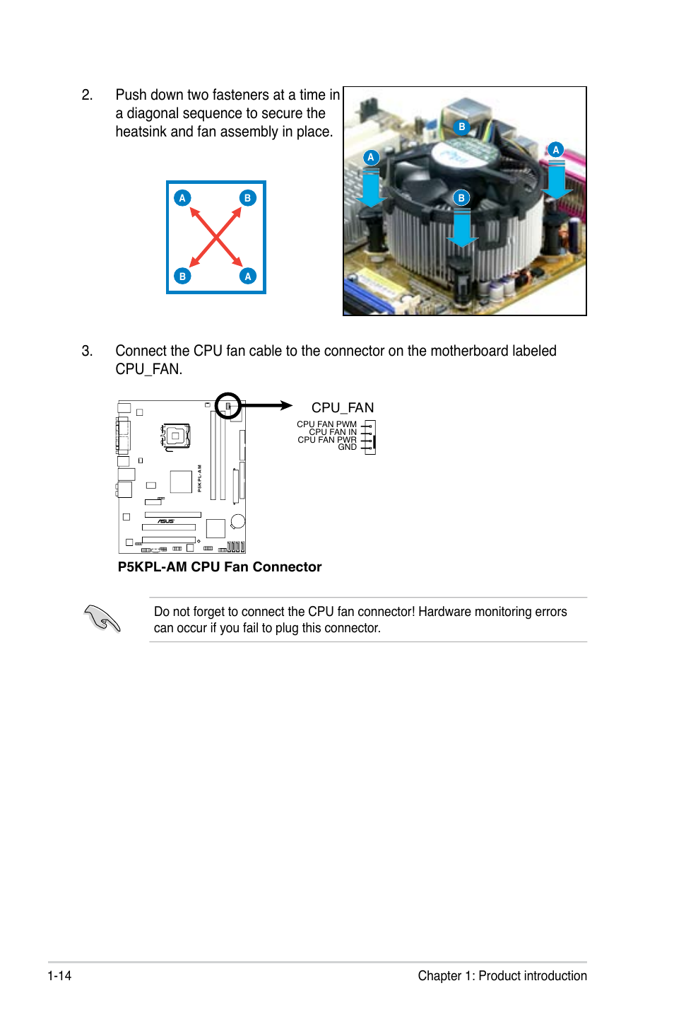 14 chapter 1: product introduction, P5kpl-am cpu fan connector cpu_fan | Asus P5KPL-AM/PS User Manual | Page 26 / 92
