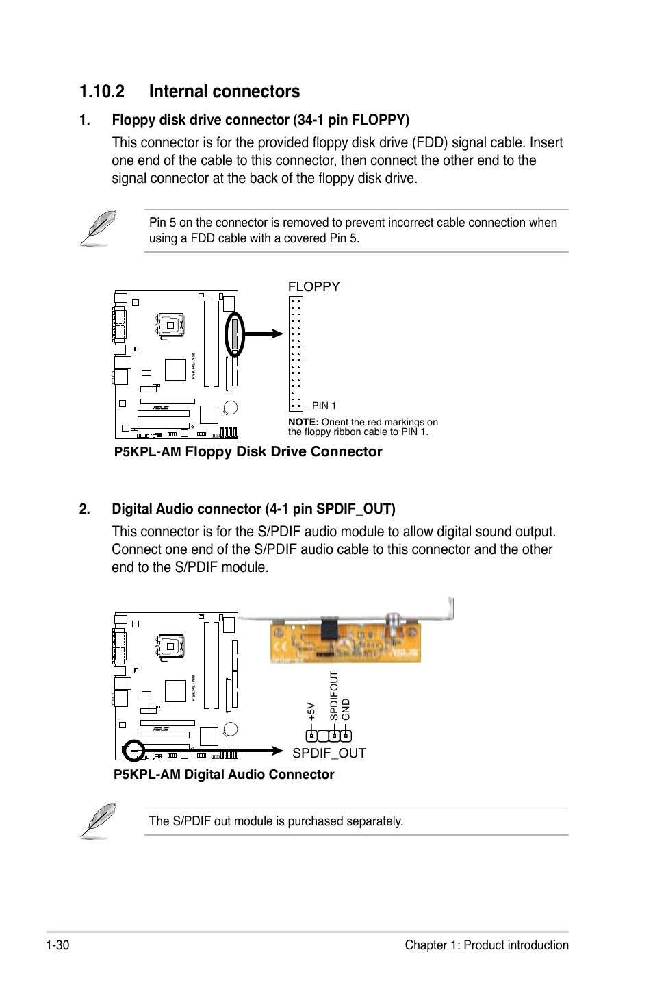 2 internal connectors, Floppy disk drive connector, 30 chapter 1: product introduction | The s/pdif out module is purchased separately, P5kpl-am, Floppy, P5kpl-am digital audio connector, Spdif_out | Asus P5KPL-AM/PS User Manual | Page 42 / 92