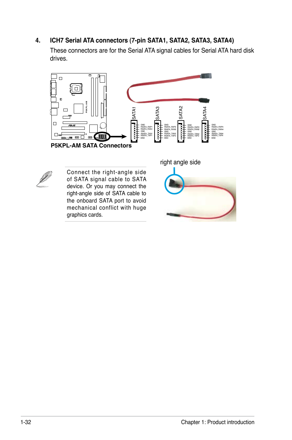 Right angle side, 32 chapter 1: product introduction, P5kpl-am sata connectors | Sa ta 1, Sa ta 2, Sa ta3, Sa ta4 | Asus P5KPL-AM/PS User Manual | Page 44 / 92