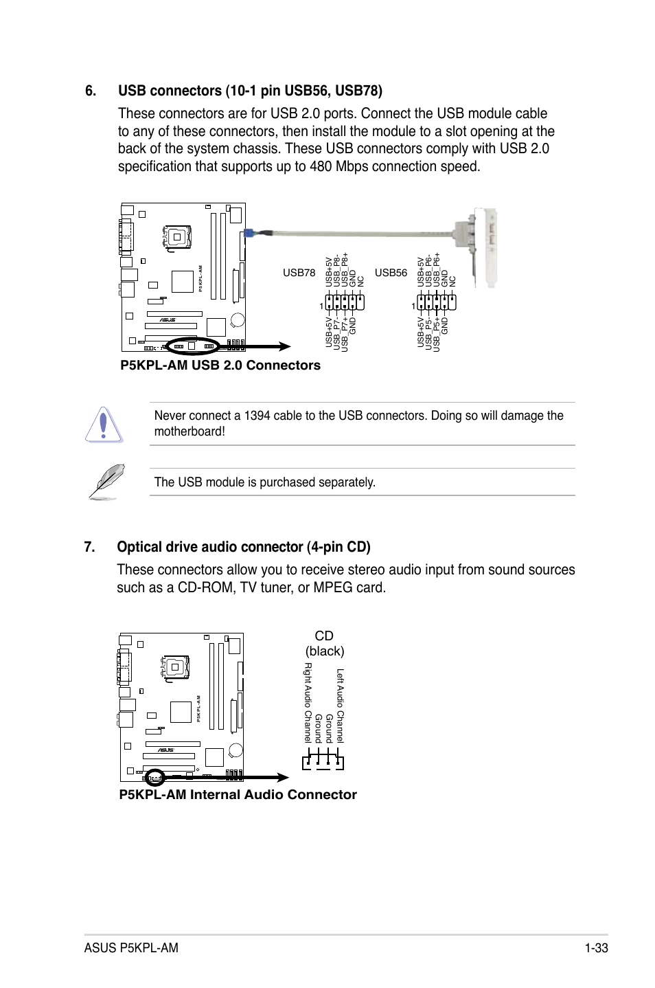 Asus p5kpl-am 1-33, The usb module is purchased separately, P5kpl-am usb 2.0 connectors | P5kpl-am internal audio connector cd (black) | Asus P5KPL-AM/PS User Manual | Page 45 / 92