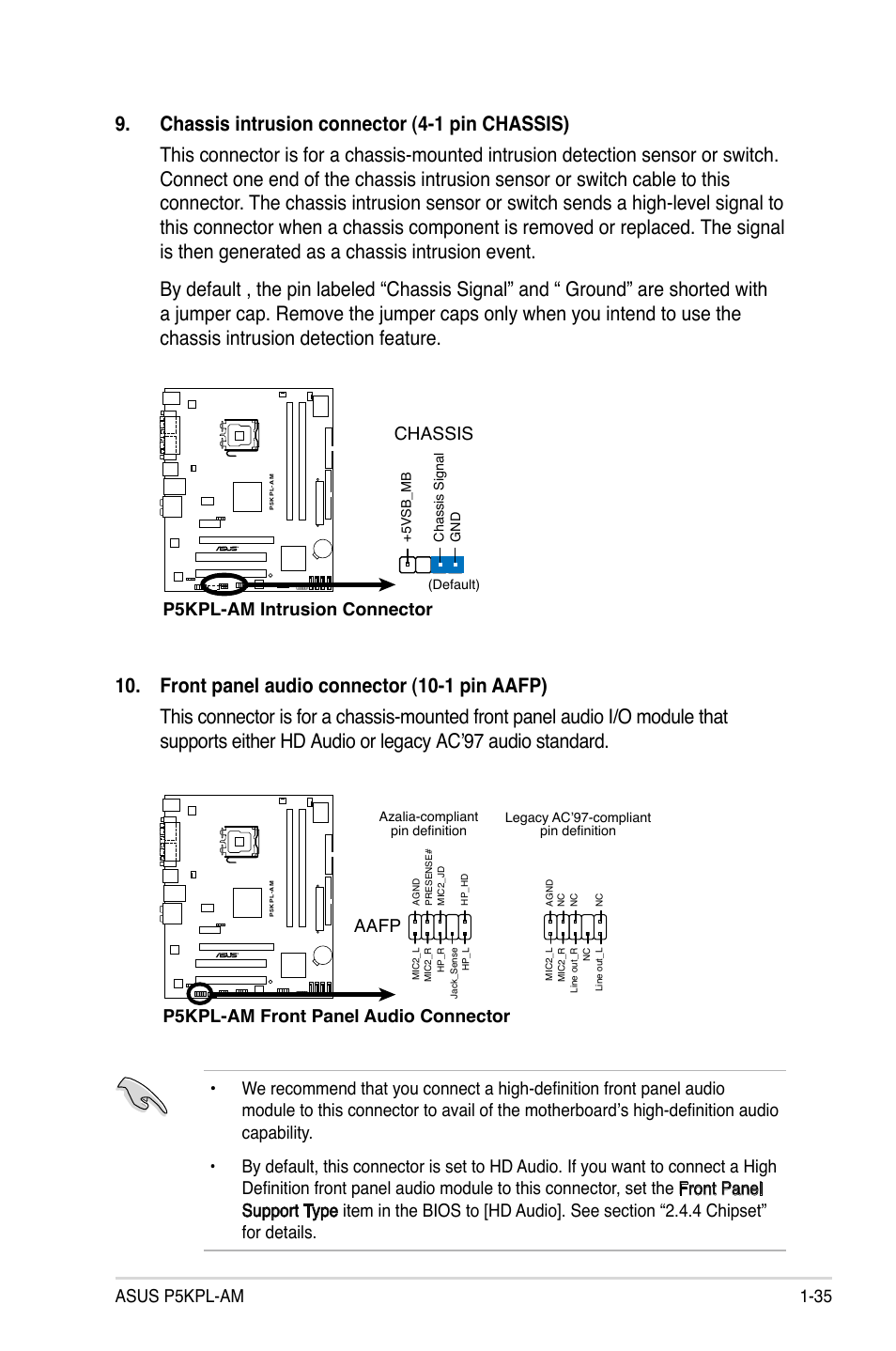 Asus p5kpl-am 1-35, P5kpl-am intrusion connector chassis, P5kpl-am front panel audio connector | Aafp | Asus P5KPL-AM/PS User Manual | Page 47 / 92