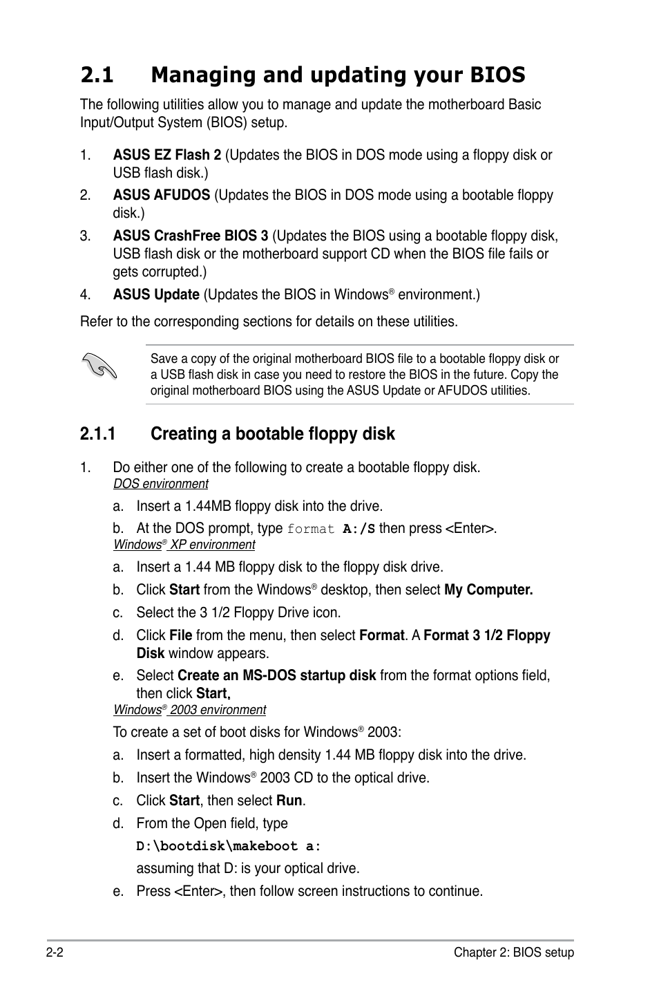 1 managing and updating your bios, 1 creating a bootable floppy disk | Asus P5KPL-AM/PS User Manual | Page 52 / 92