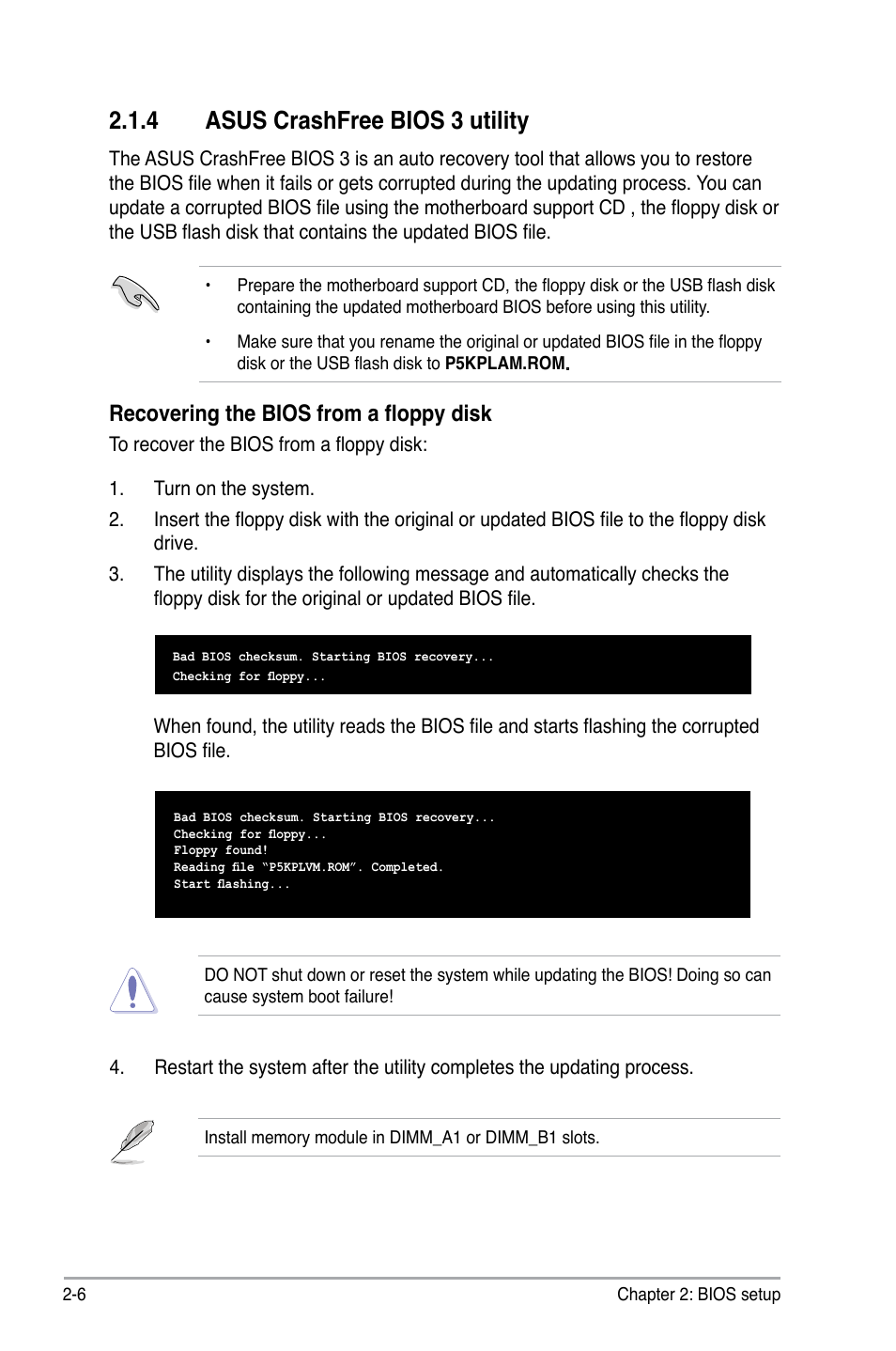 4 asus crashfree bios 3 utility, Recovering the bios from a floppy disk | Asus P5KPL-AM/PS User Manual | Page 56 / 92